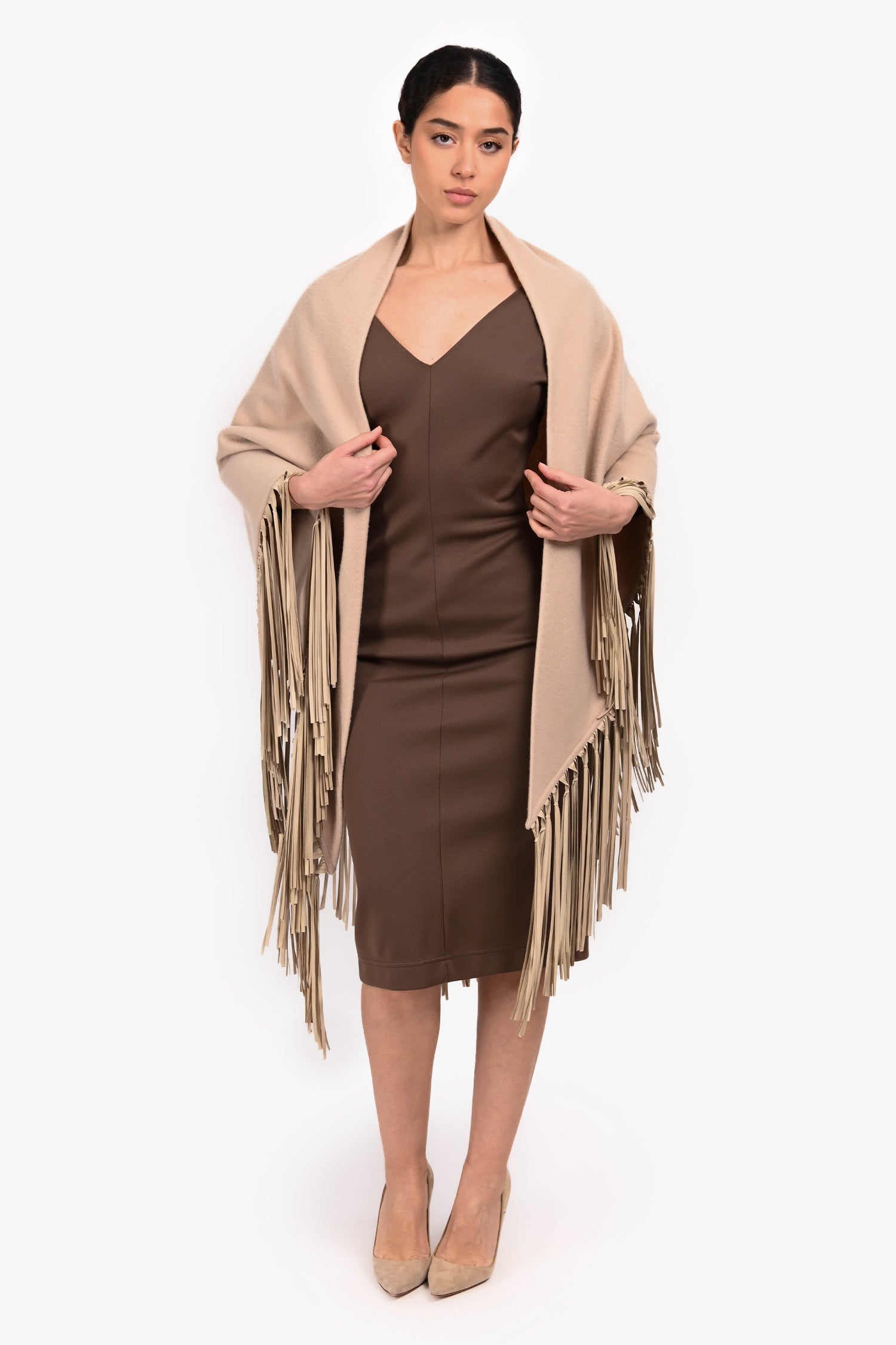 Hermès Beige Cashmere Leather Fringe Shawl One Size