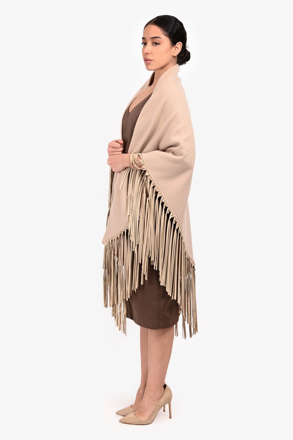 Hermès Beige Cashmere Leather Fringe Shawl One Size