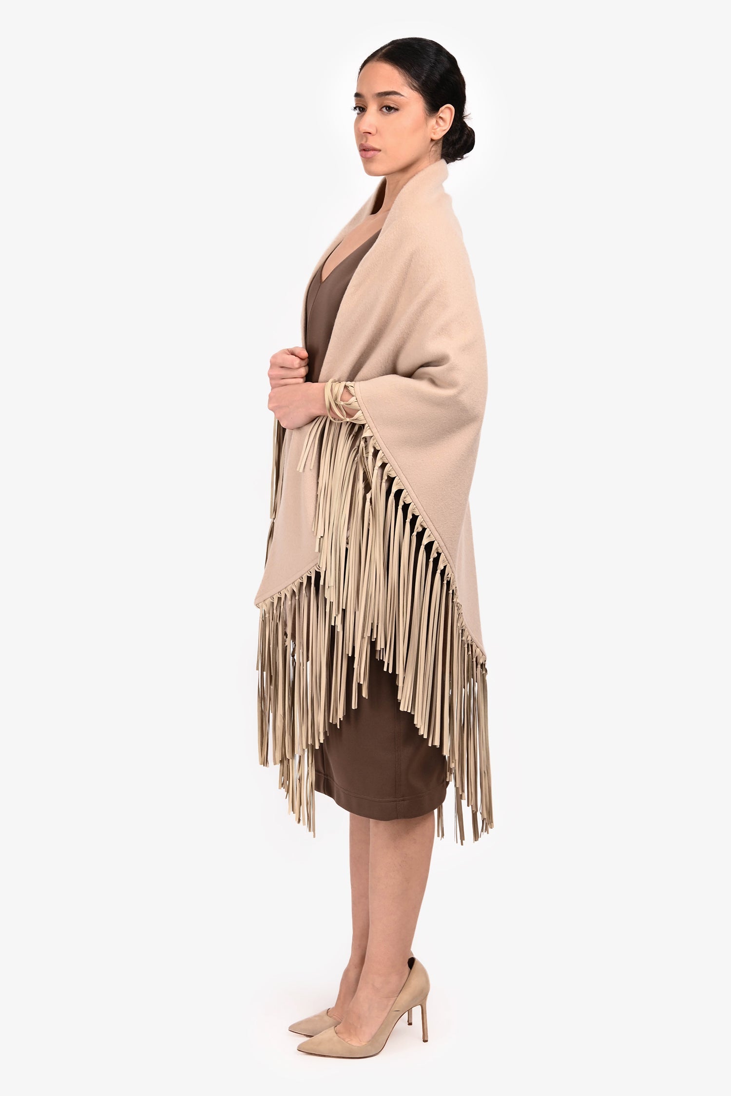Hermès Beige Cashmere Leather Fringe Shawl One Size