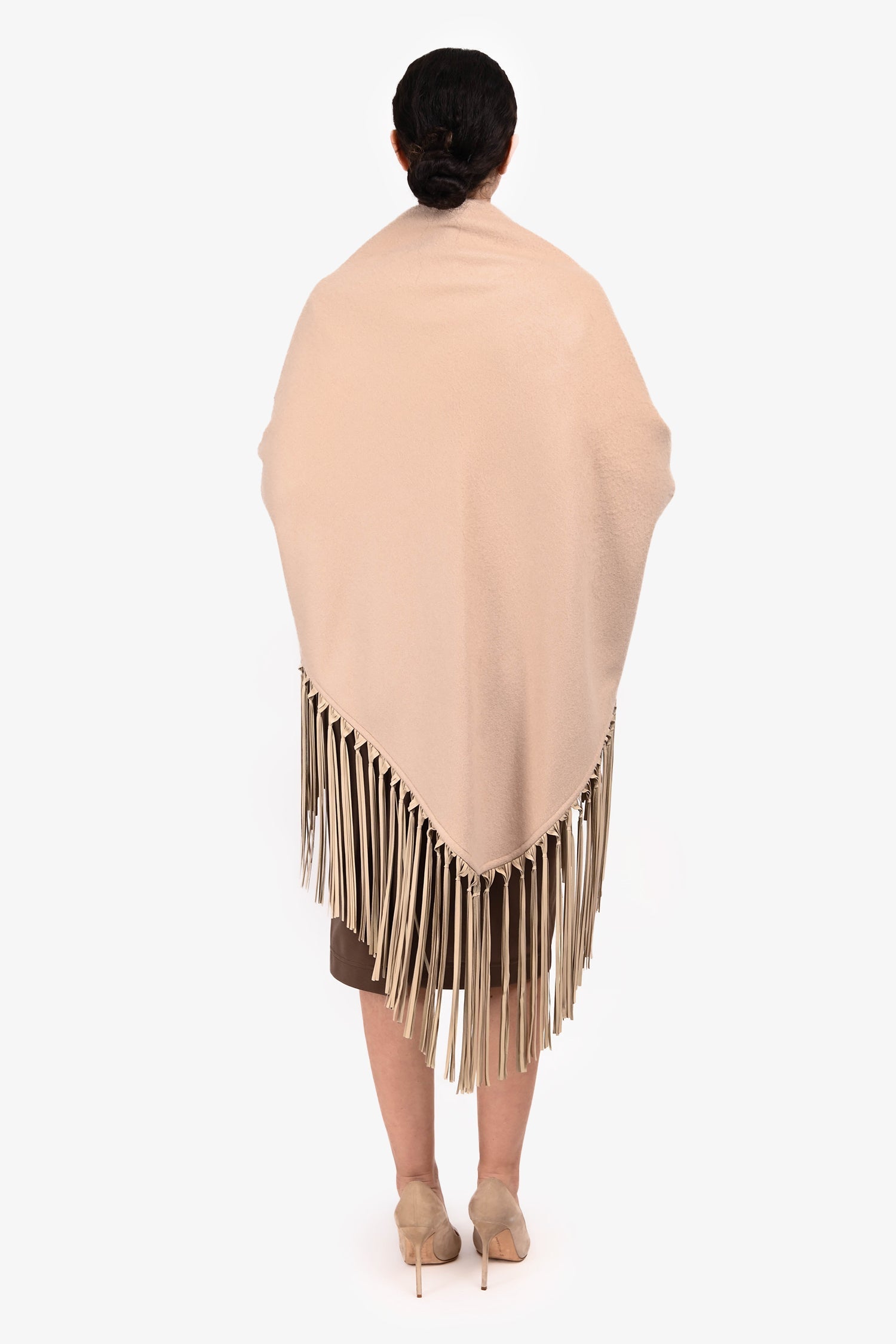 Hermès Beige Cashmere Leather Fringe Shawl One Size