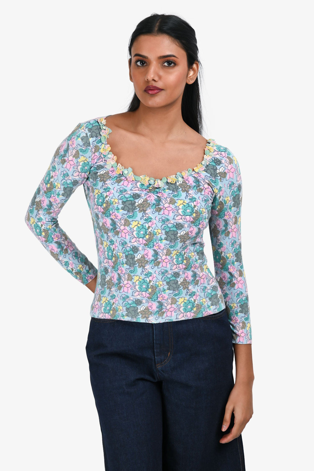 Blumarine Blue/Multicoloured Floral Print Long Sleeve Top Size 34