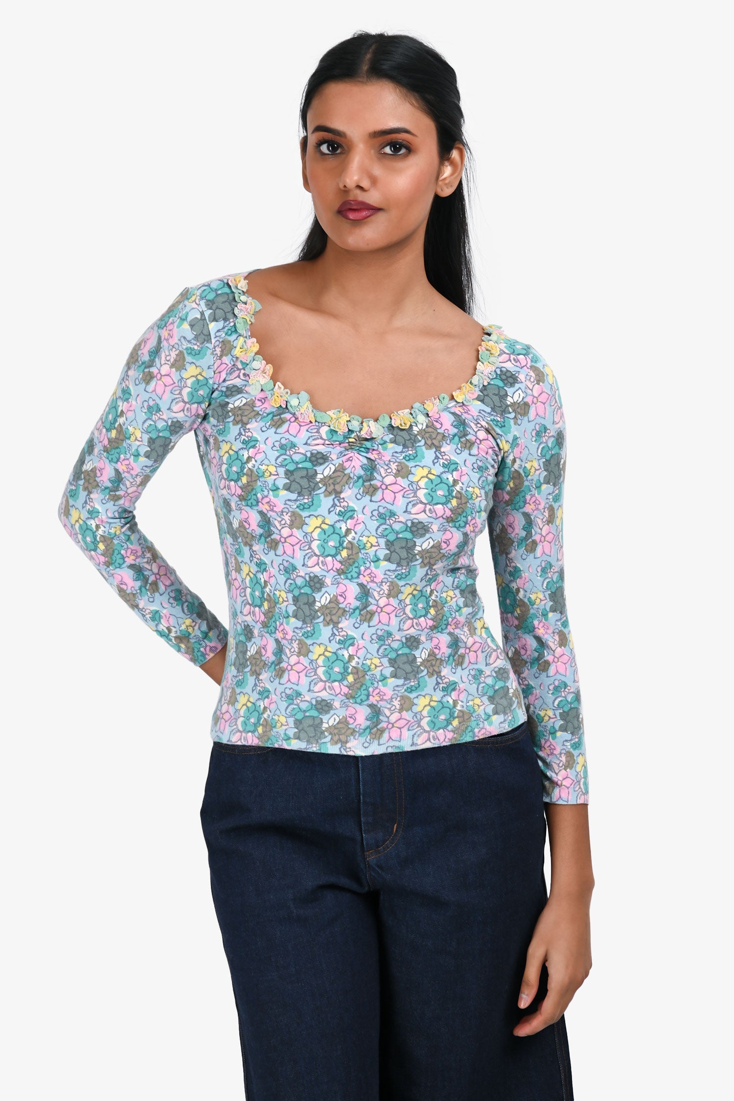 Blumarine Blue/Multicoloured Floral Print Long Sleeve Top Size 34