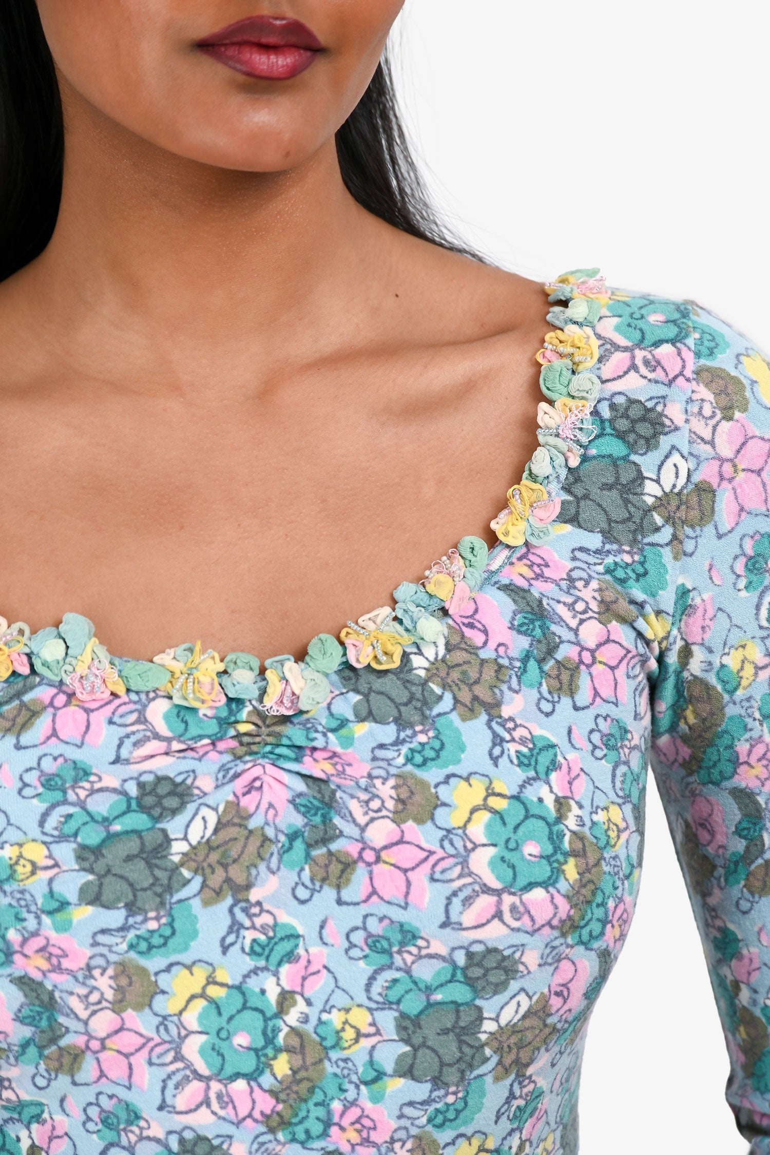 Blumarine Blue/Multicoloured Floral Print Long Sleeve Top Size 34