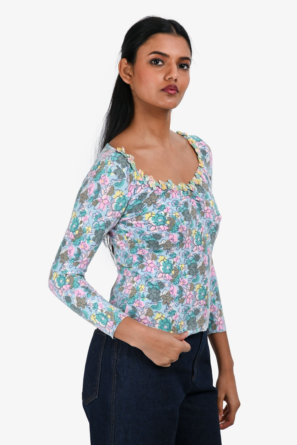Blumarine Blue/Multicoloured Floral Print Long Sleeve Top Size 34