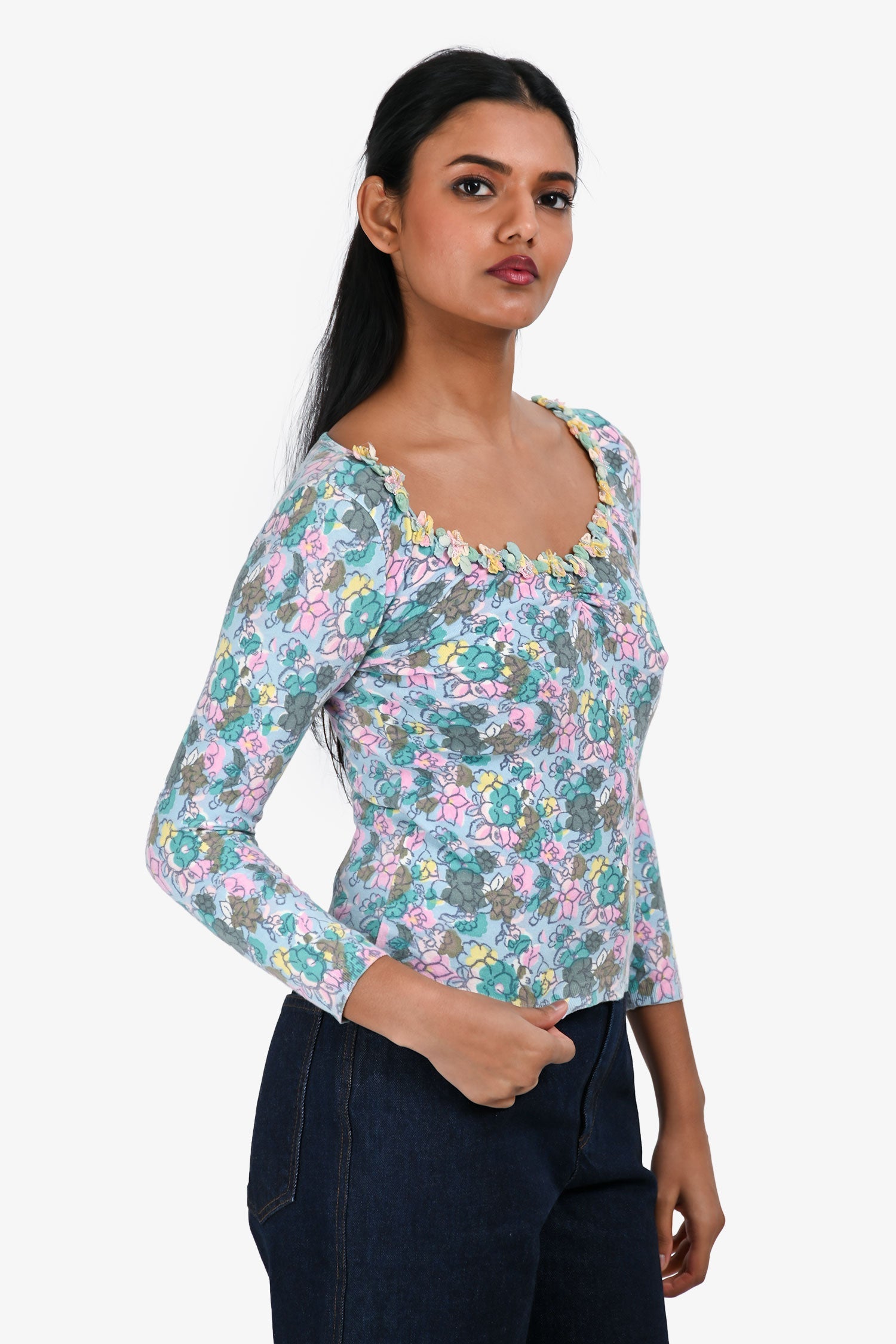 Blumarine Blue/Multicoloured Floral Print Long Sleeve Top Size 34