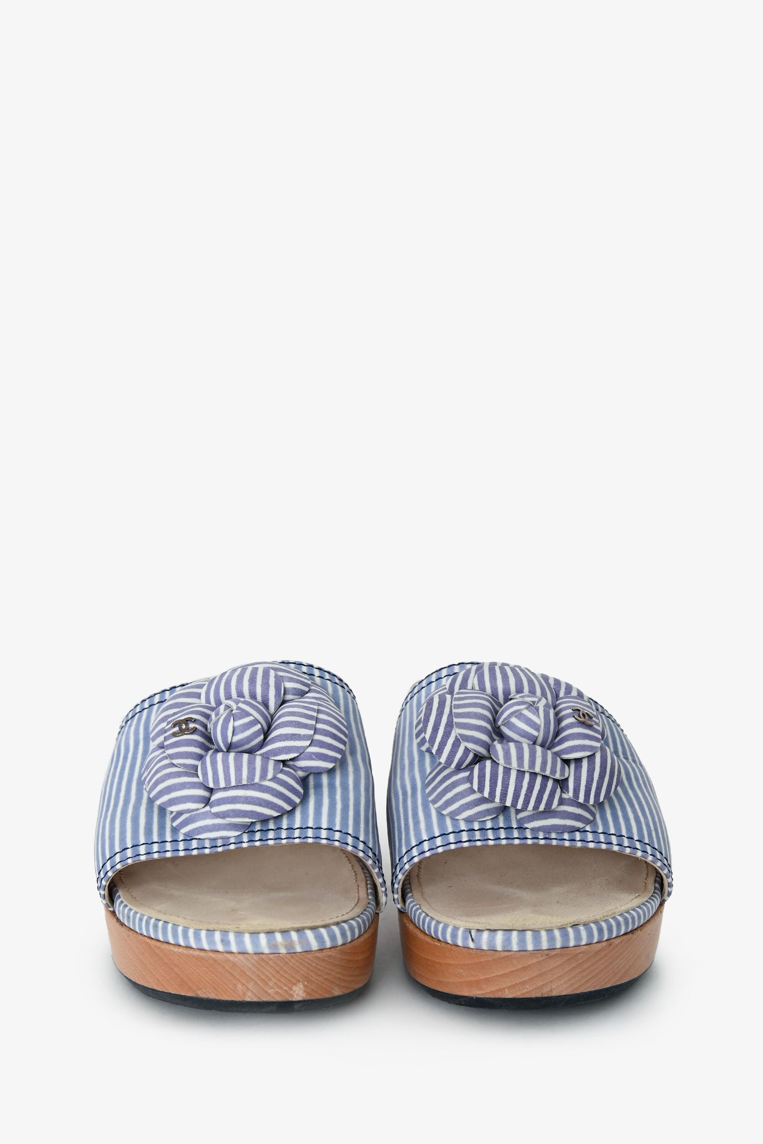Pre-Loved Chanel™ Purple Striped Leather Camelia Platform Mules Size 40
