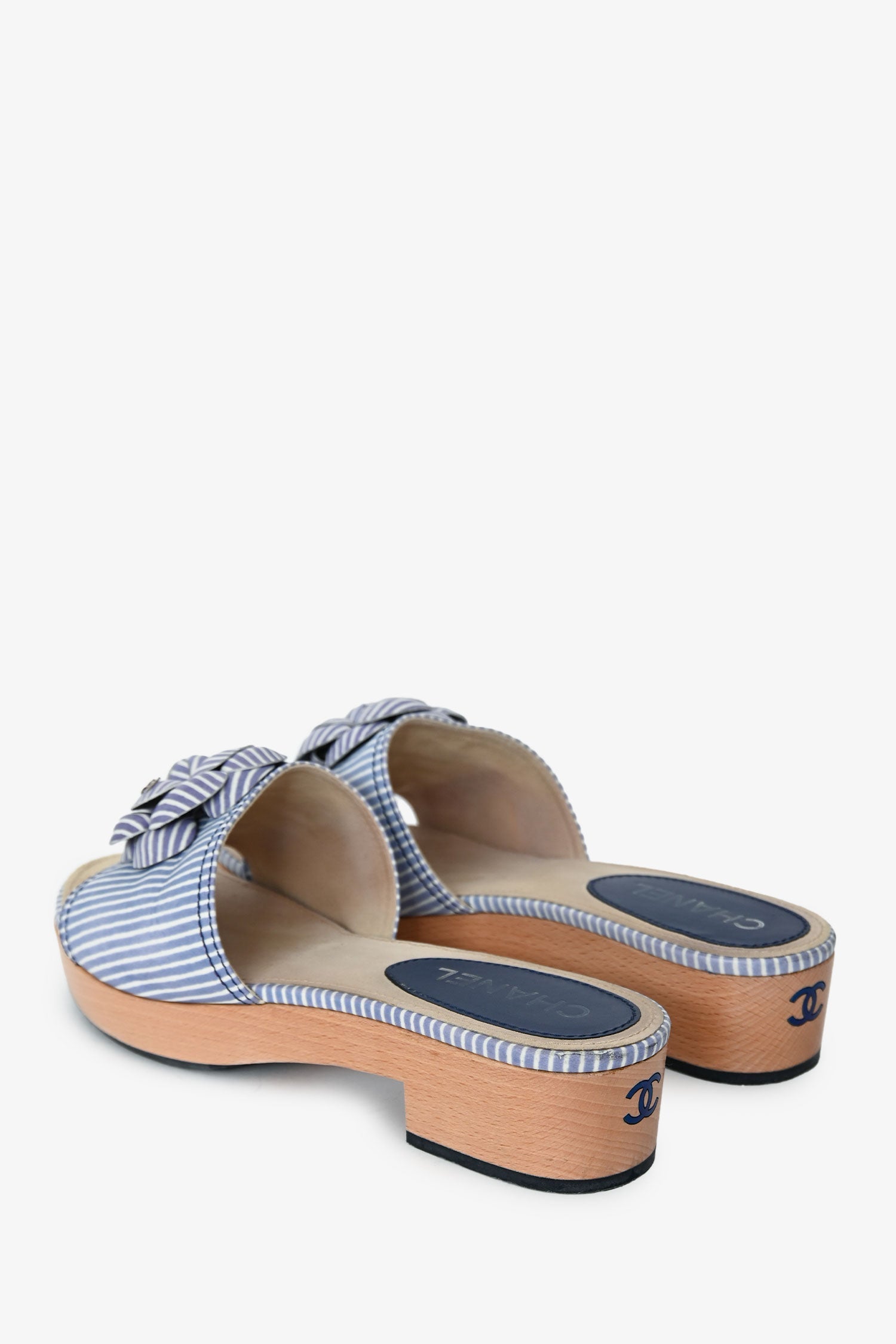 Pre-Loved Chanel™ Purple Striped Leather Camelia Platform Mules Size 40