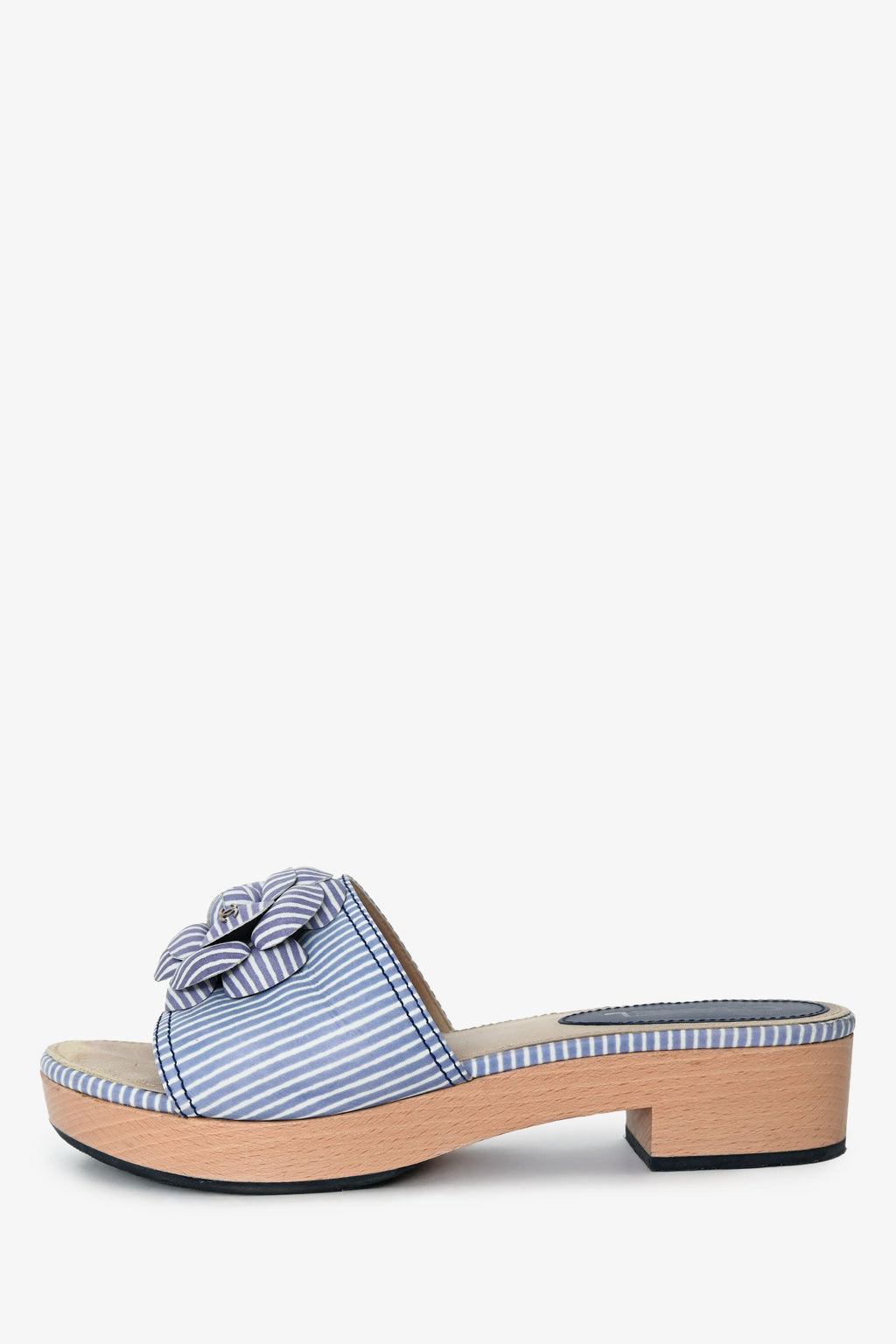 Pre-Loved Chanel™ Purple Striped Leather Camelia Platform Mules Size 40