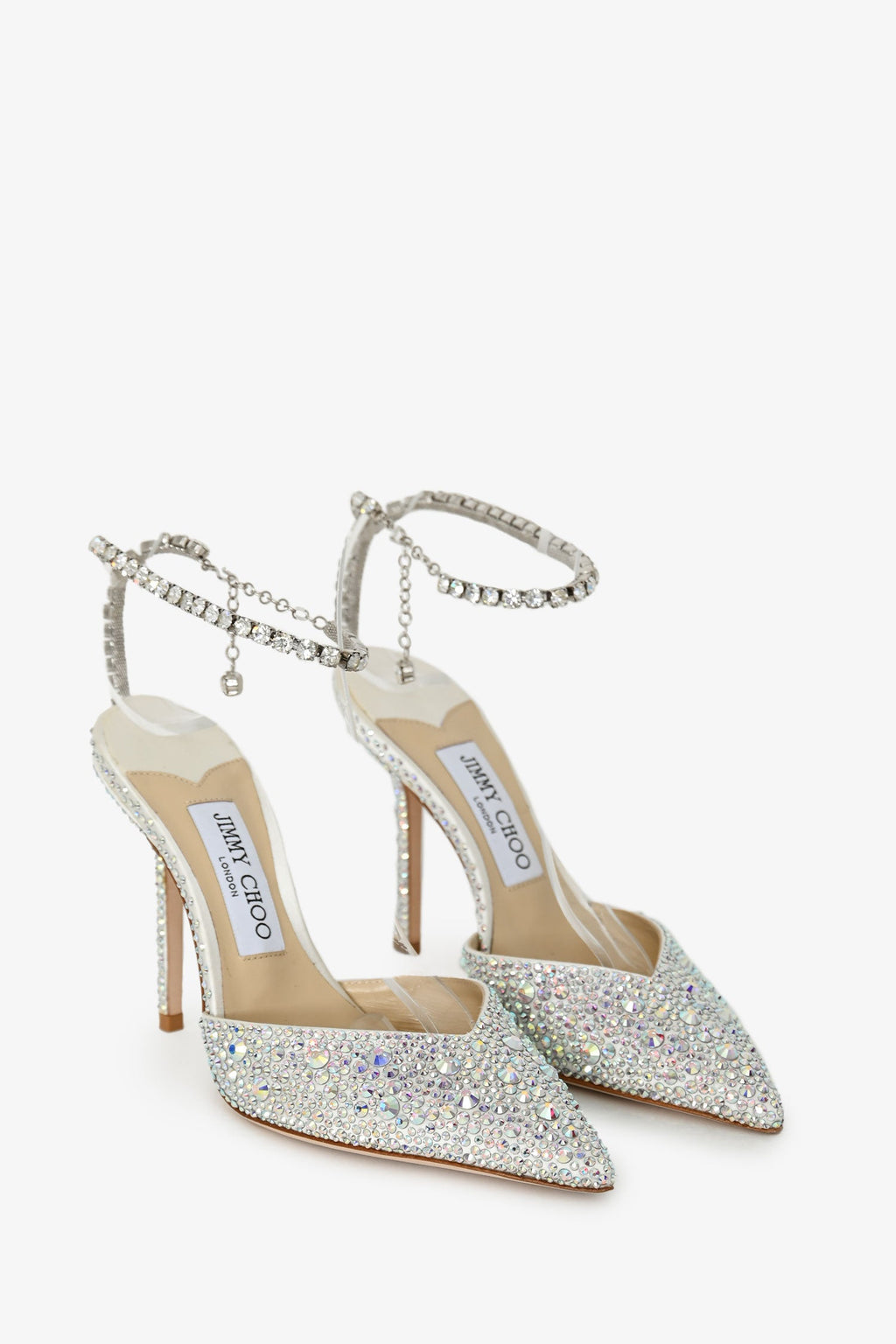 Jimmy Choo Ivory Satin Crystal Embellished 'Saeda 100' Pumps Size 37