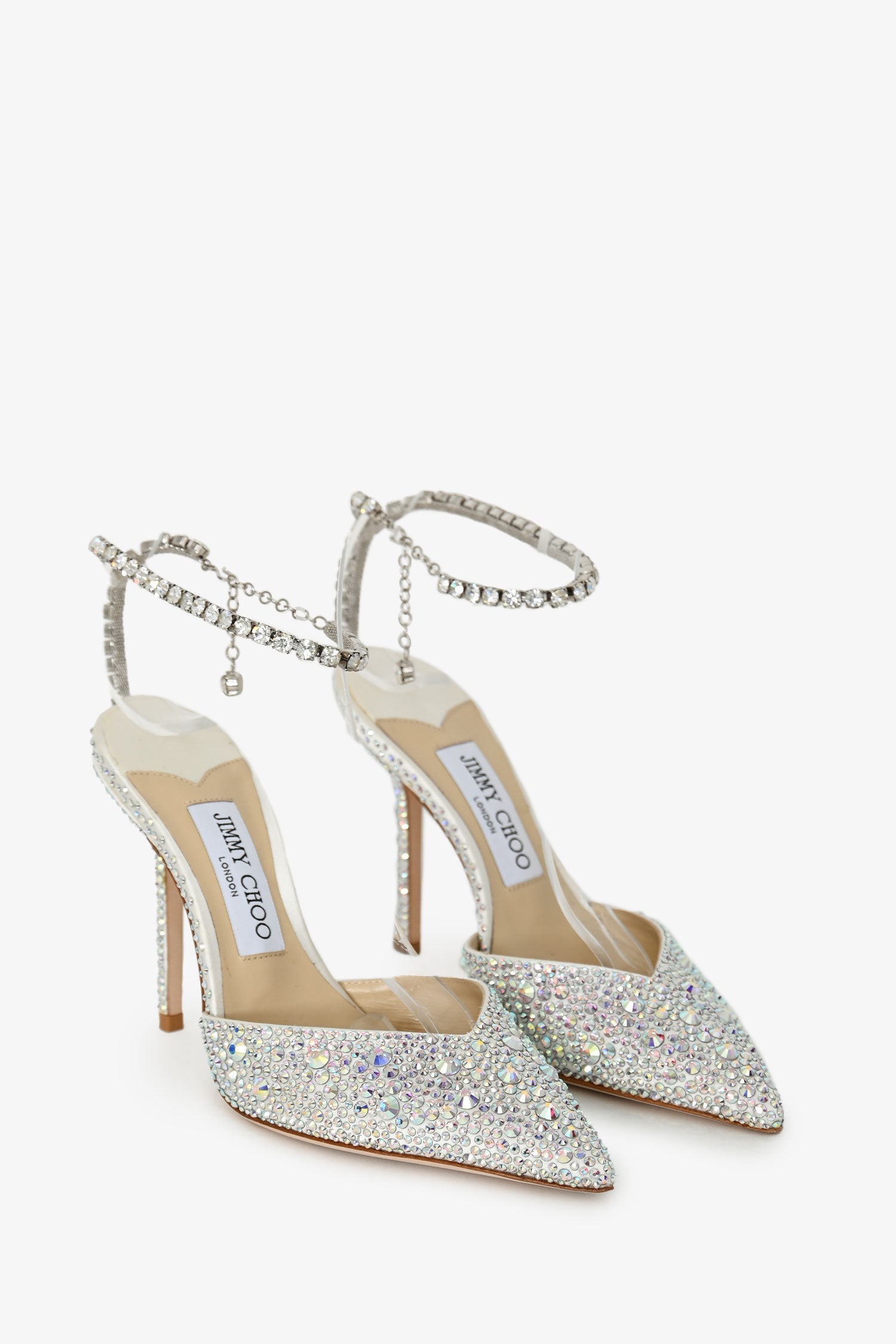 Jimmy Choo Ivory Satin Crystal Embellished 'Saeda 100' Pumps Size 37