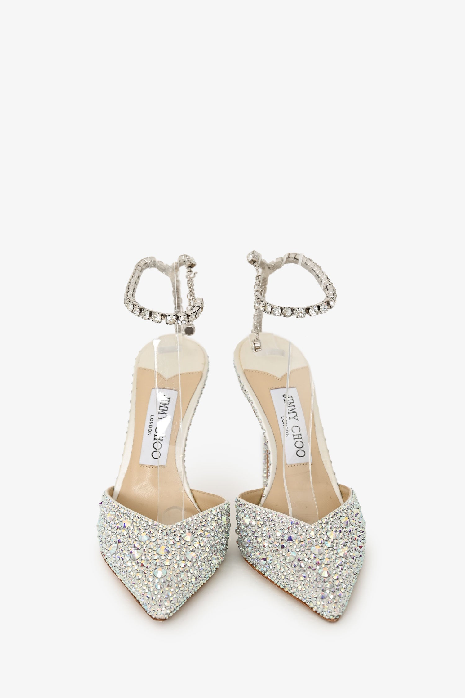 Jimmy Choo Ivory Satin Crystal Embellished 'Saeda 100' Pumps Size 37