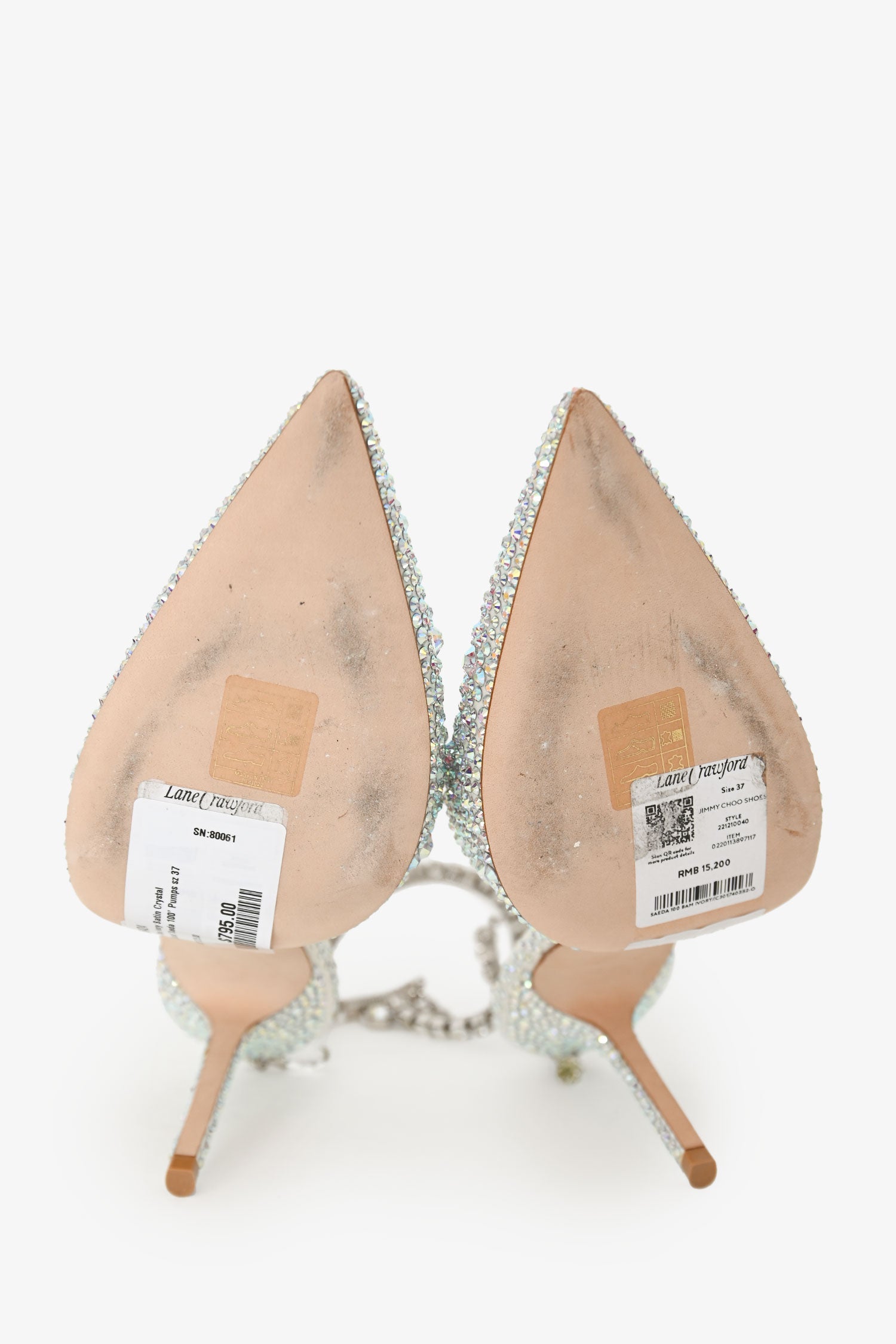 Jimmy Choo Ivory Satin Crystal Embellished 'Saeda 100' Pumps Size 37