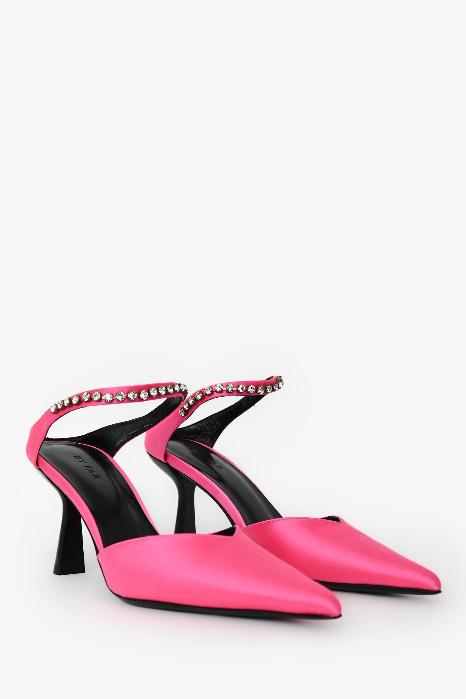 By Far Neon Pink Crystal Embellished 'Alla' Silk Satin Mules Size 37