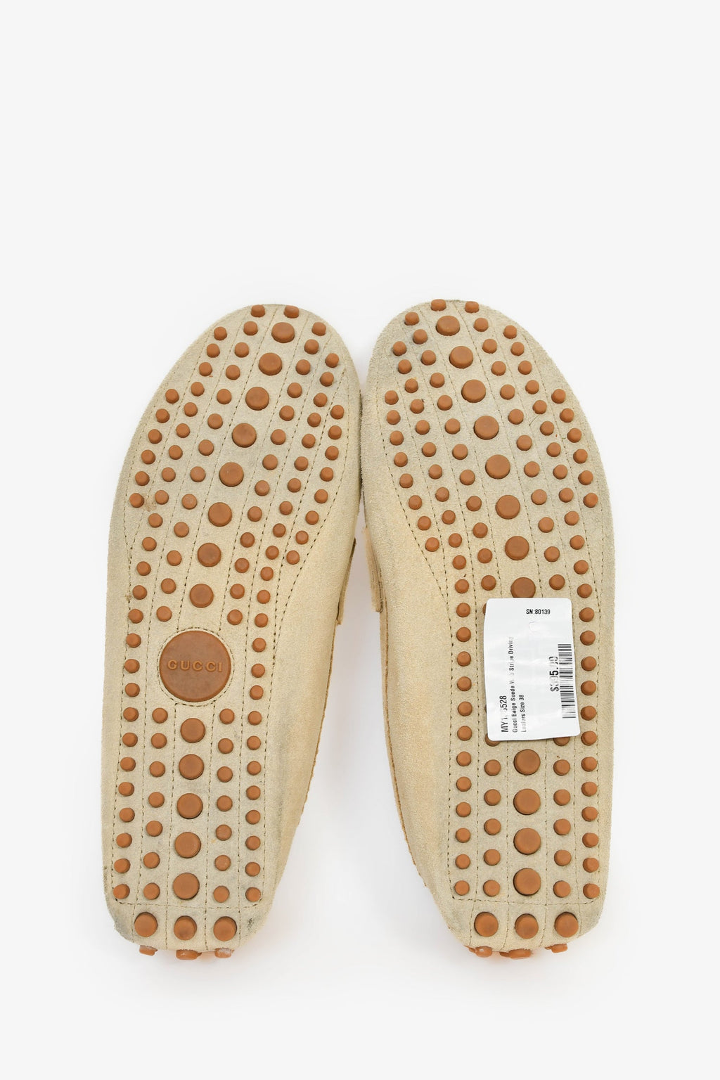 Gucci Beige Suede Web Stripe Driving Loafers Size 38
