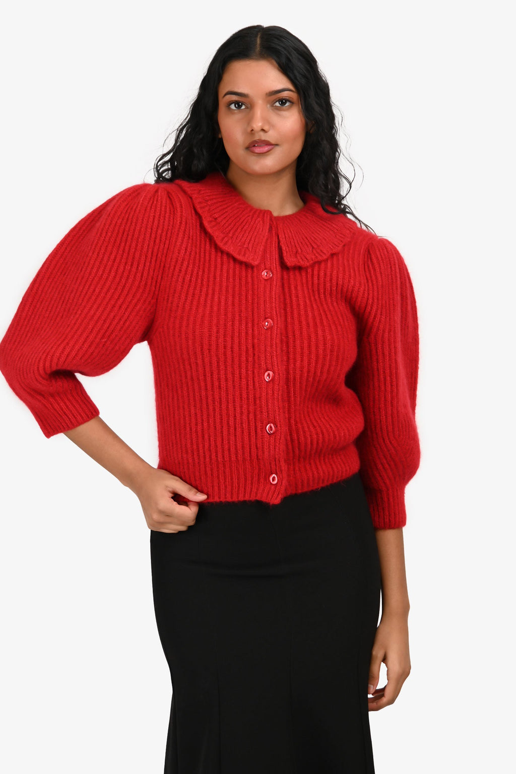 Celine Red Mohair/Silk Peter Pan Collar Cropped igan Size XS