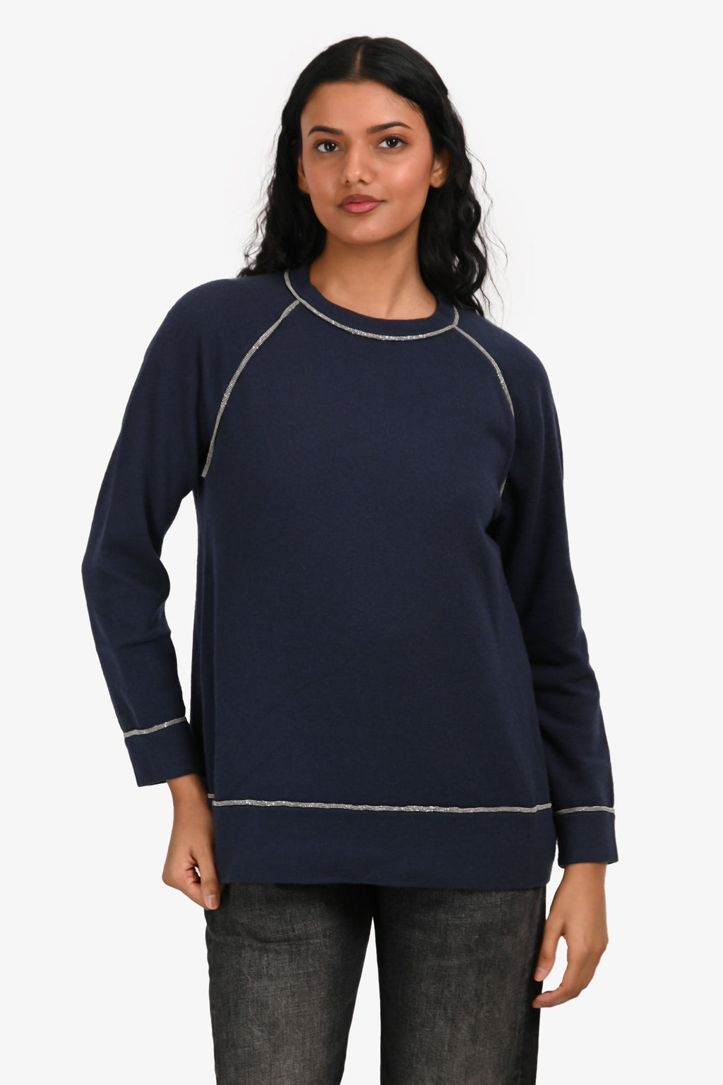 Brunello Cucinelli Navy Cashmere Bead Embellished Sweater Size XS