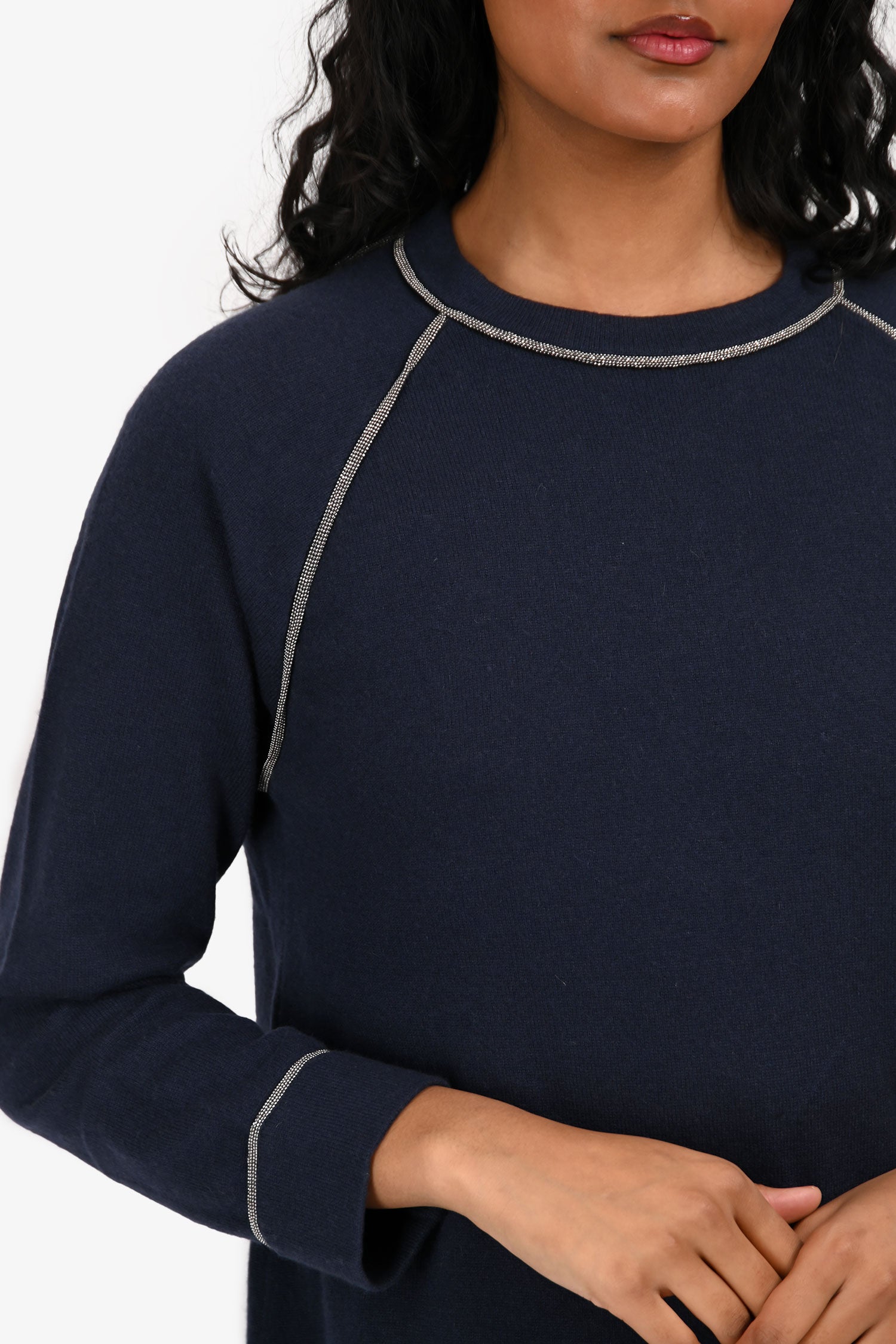 Brunello Cucinelli Navy Cashmere Bead Embellished Sweater Size XS