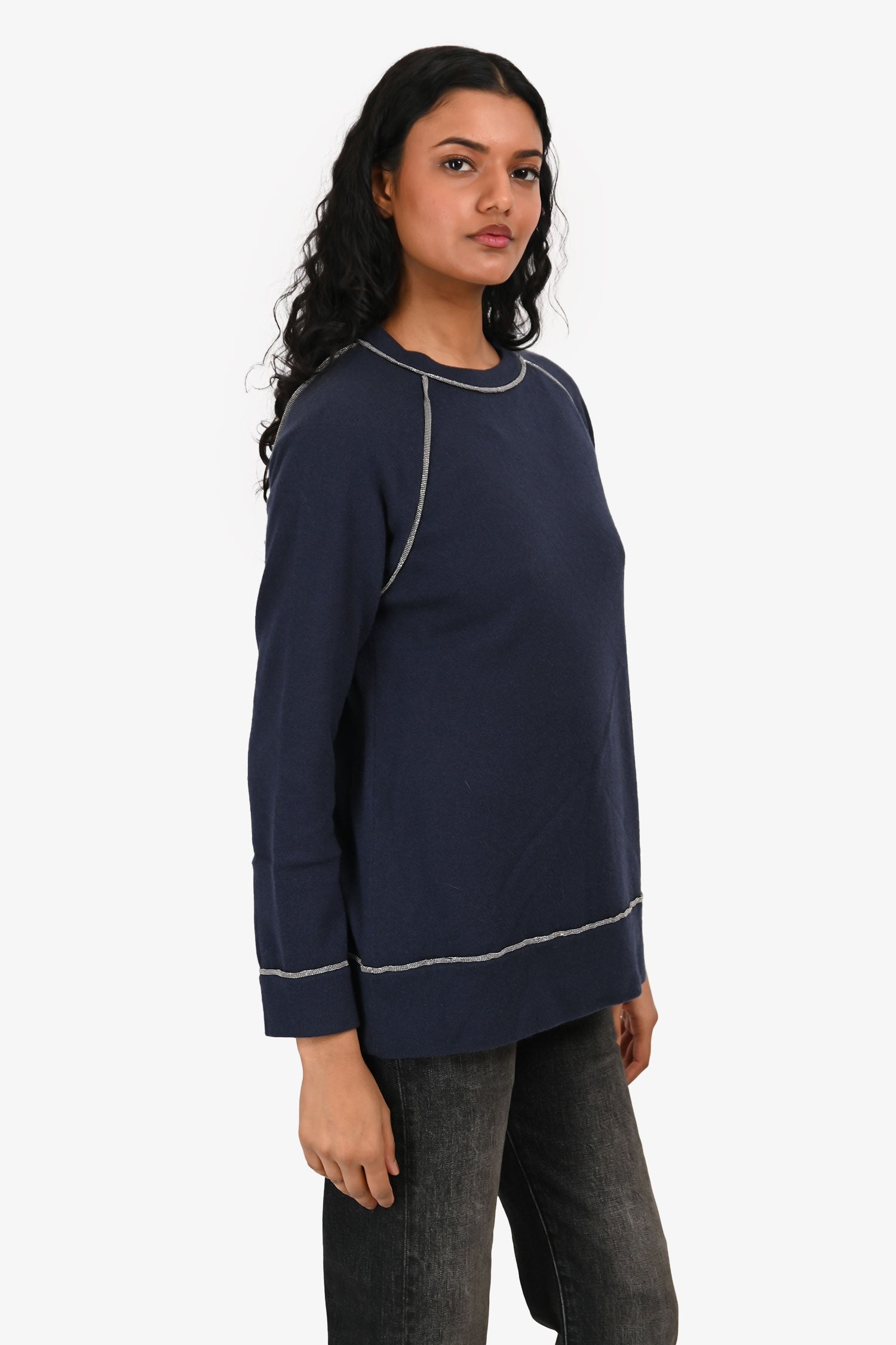 Brunello Cucinelli Navy Cashmere Bead Embellished Sweater Size XS