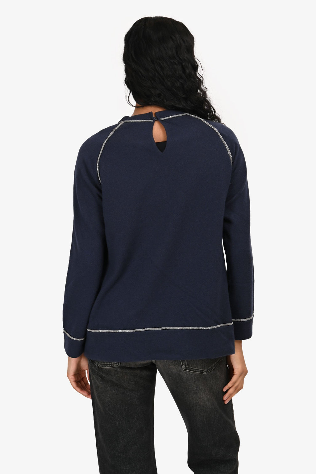Brunello Cucinelli Navy Cashmere Bead Embellished Sweater Size XS