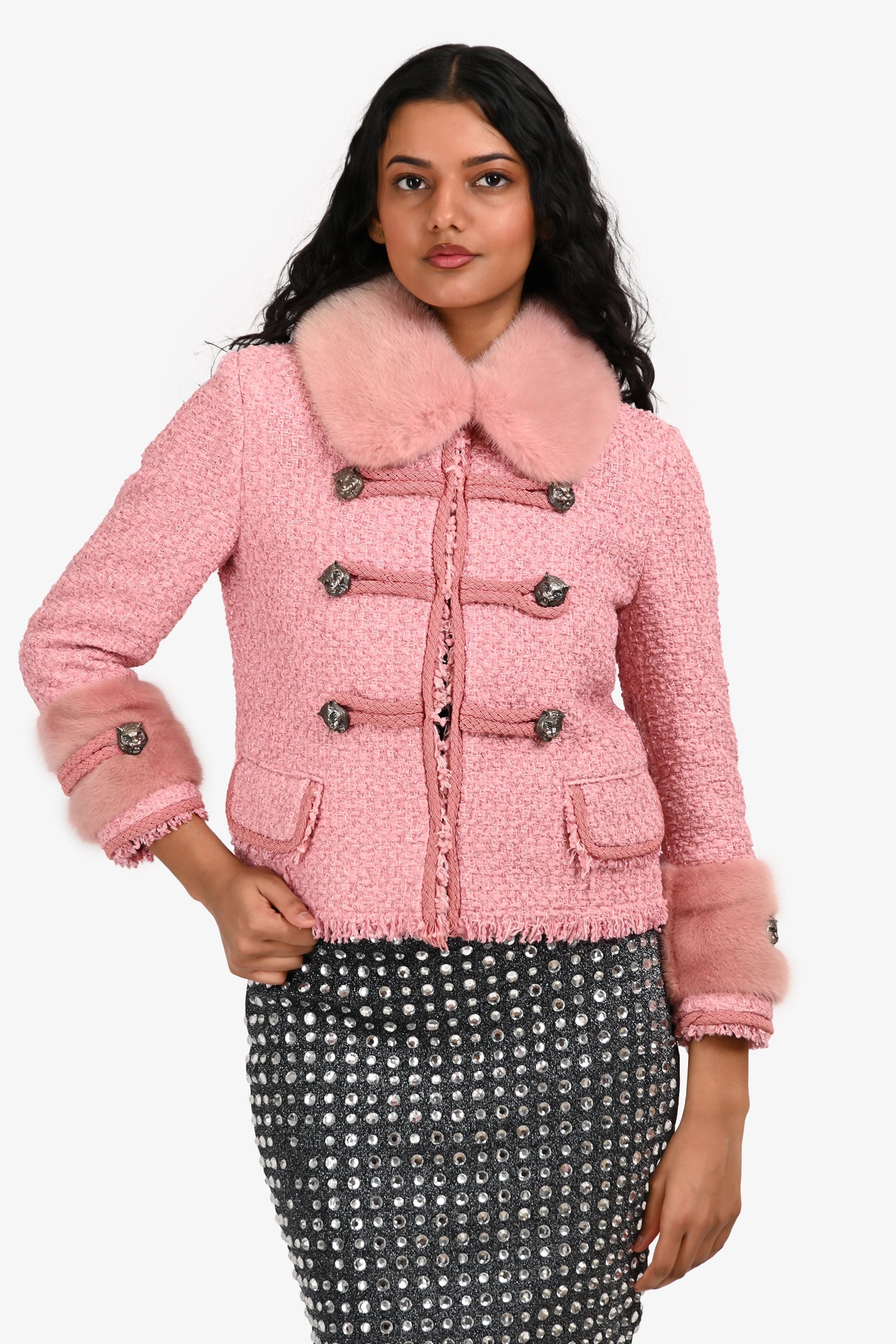 Gucci 2015 Pink Military Style Pink Fur Collar Tweed Jacket Size 40