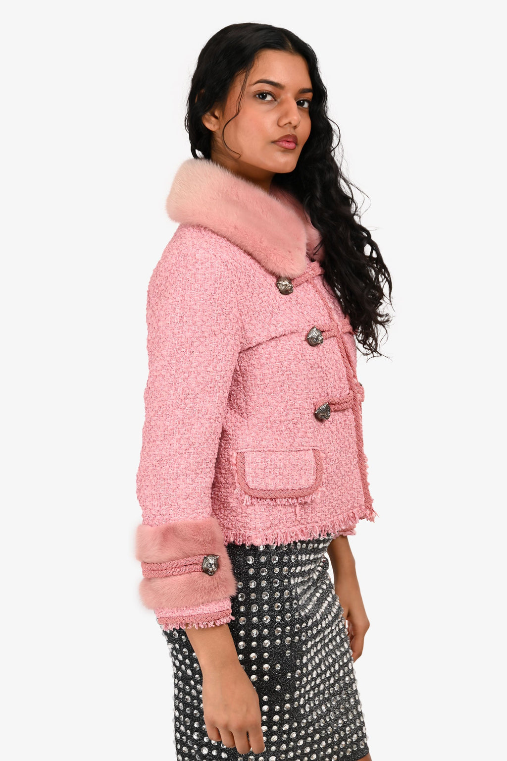 Gucci 2015 Pink Military Style Pink Fur Collar Tweed Jacket Size 40