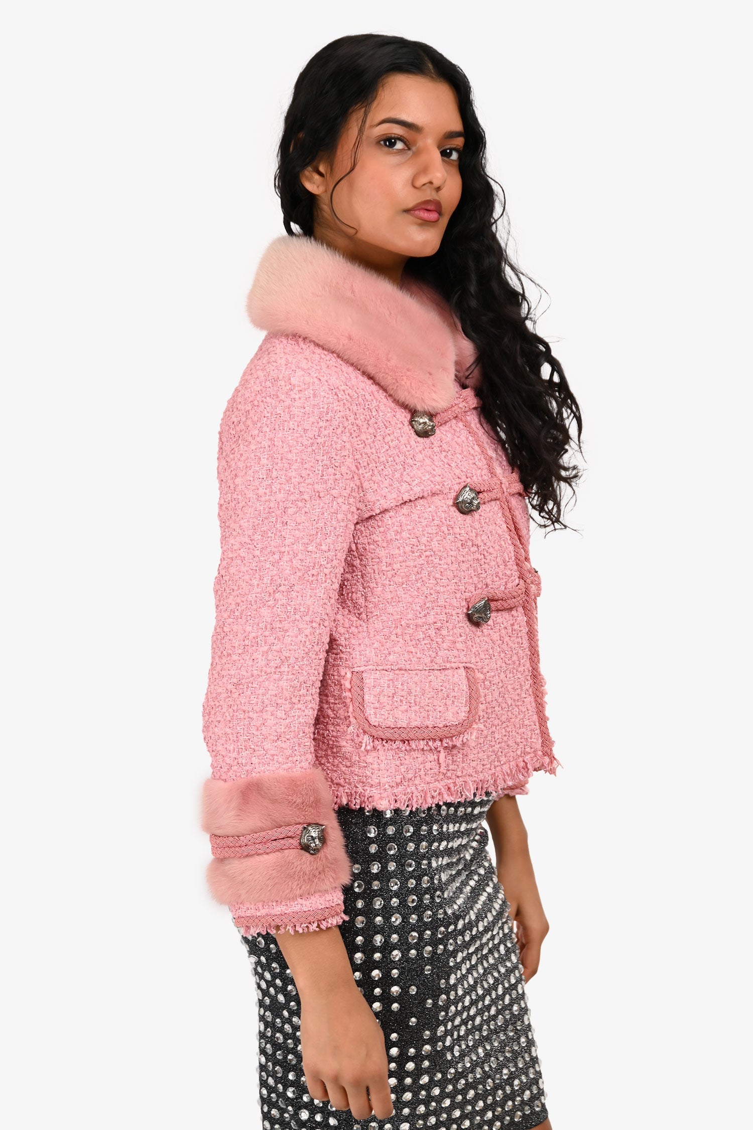 Gucci 2015 Pink Military Style Pink Fur Collar Tweed Jacket Size 40