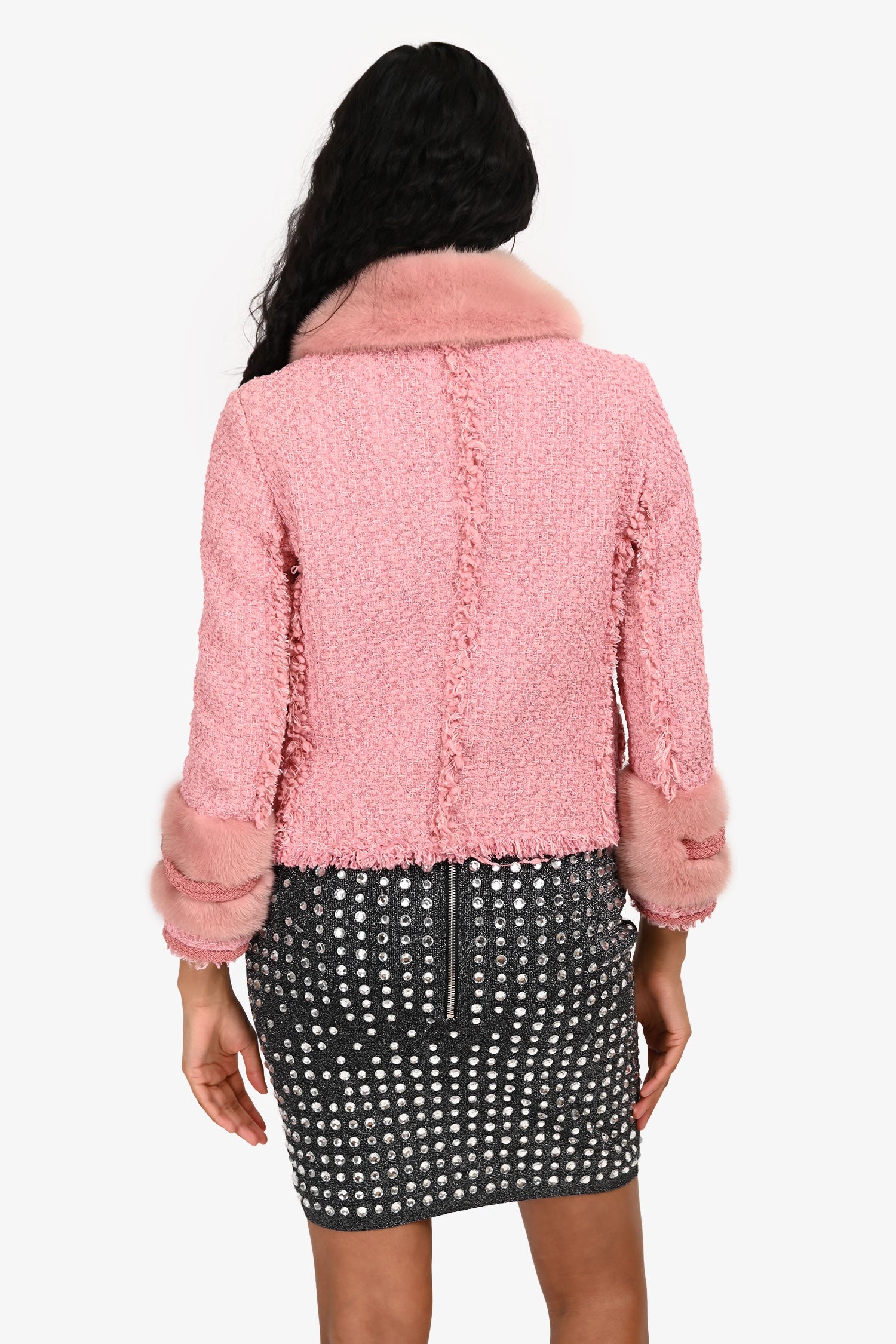 Gucci 2015 Pink Military Style Pink Fur Collar Tweed Jacket Size 40