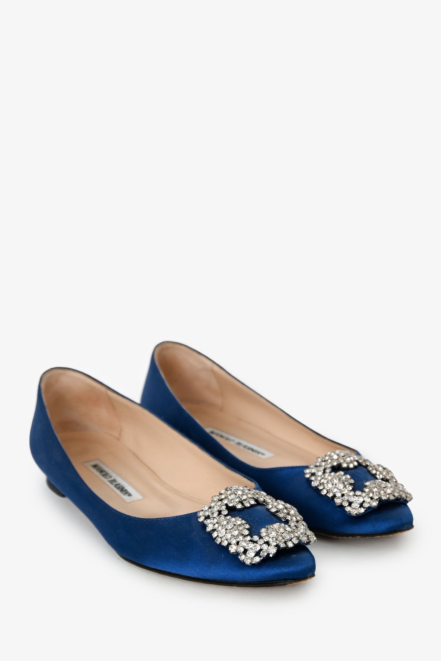 Manolo Blahnik Navy Satin Crystal Embellished Hangisi Flats Size 36