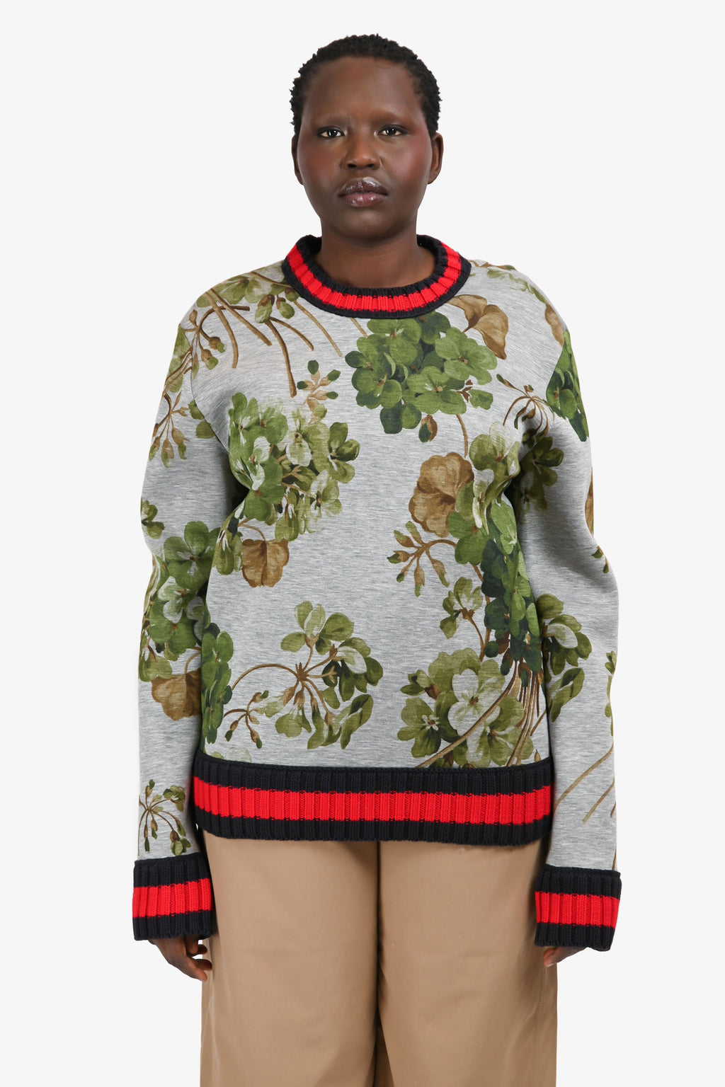 Gucci Grey Foliate Patterned Trim Detailed Sweater Size L