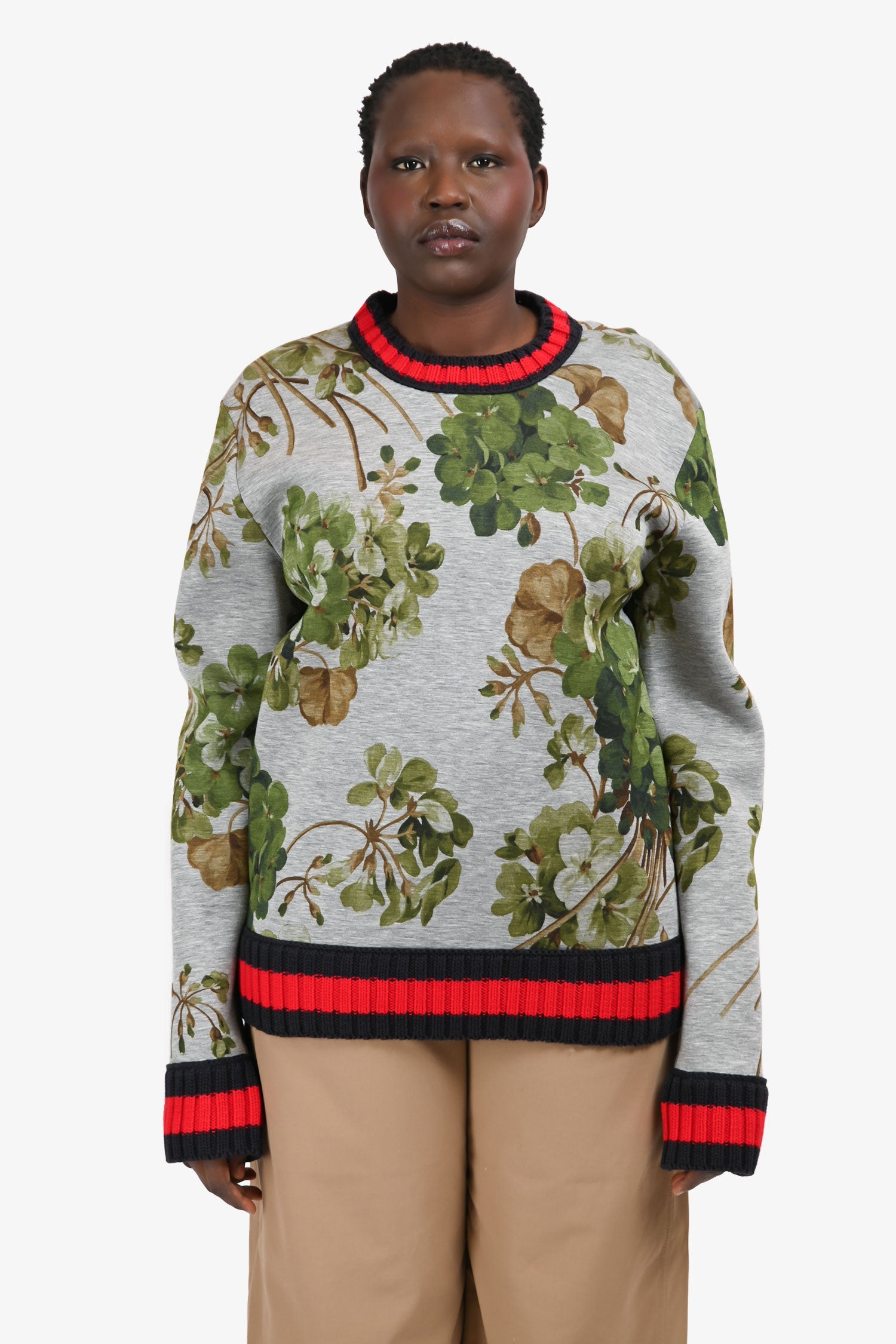 Gucci Grey Foliate Patterned Trim Detailed Sweater Size L