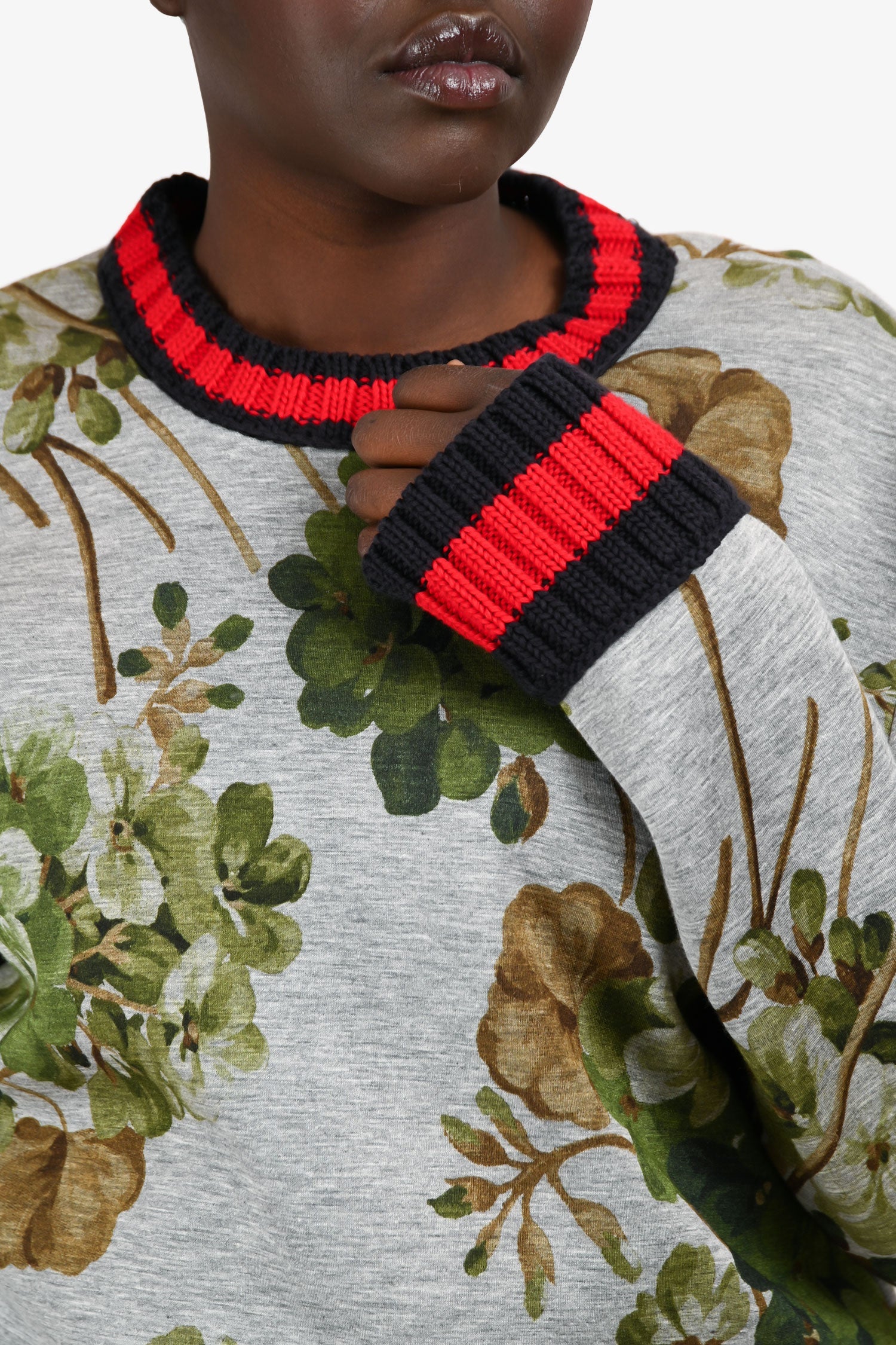 Gucci Grey Foliate Patterned Trim Detailed Sweater Size L