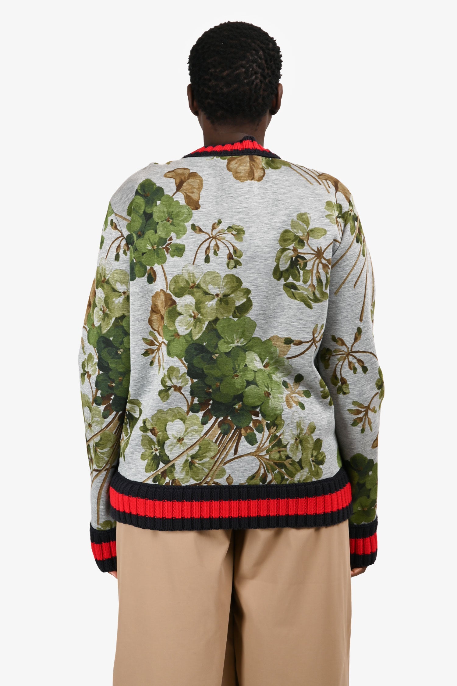 Gucci Grey Foliate Patterned Trim Detailed Sweater Size L
