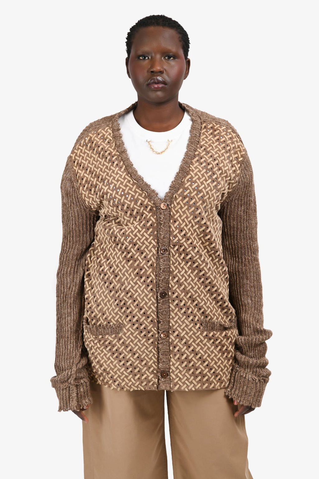 Dolce & Gabbana Brown Linen Blend Knit Woven Leather igan Size 52