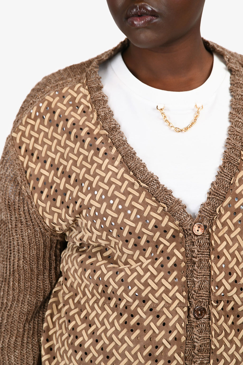 Dolce & Gabbana Brown Linen Blend Knit Woven Leather igan Size 52