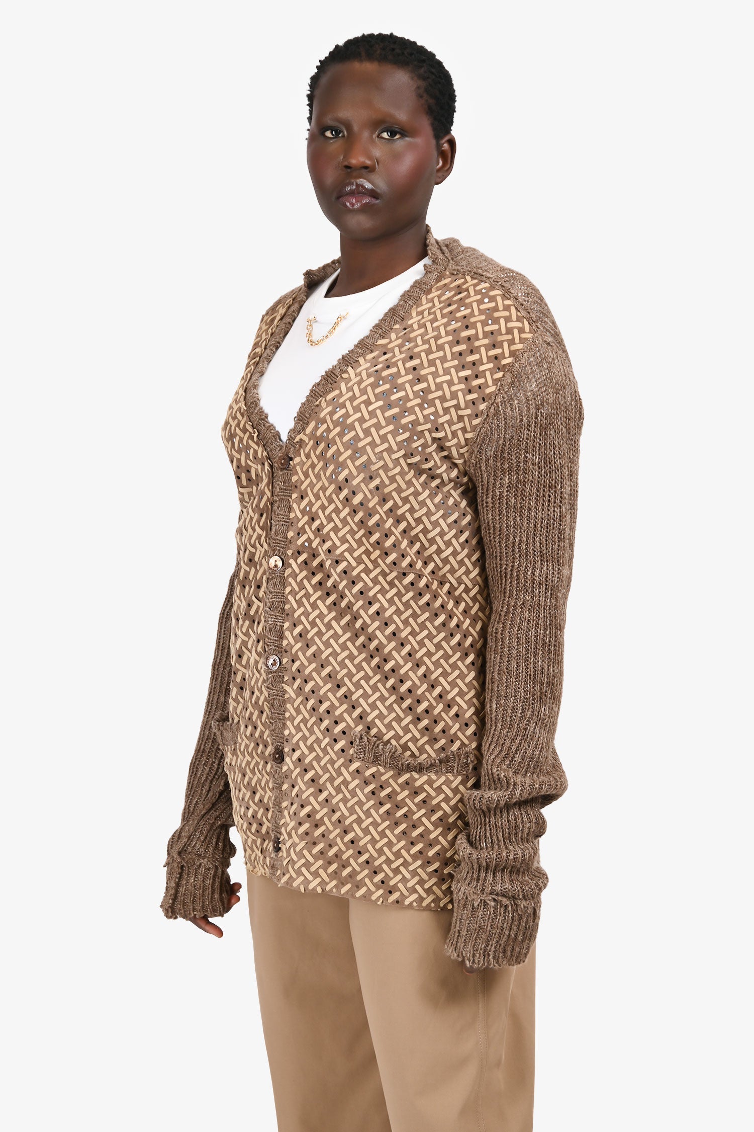 Dolce & Gabbana Brown Linen Blend Knit Woven Leather igan Size 52
