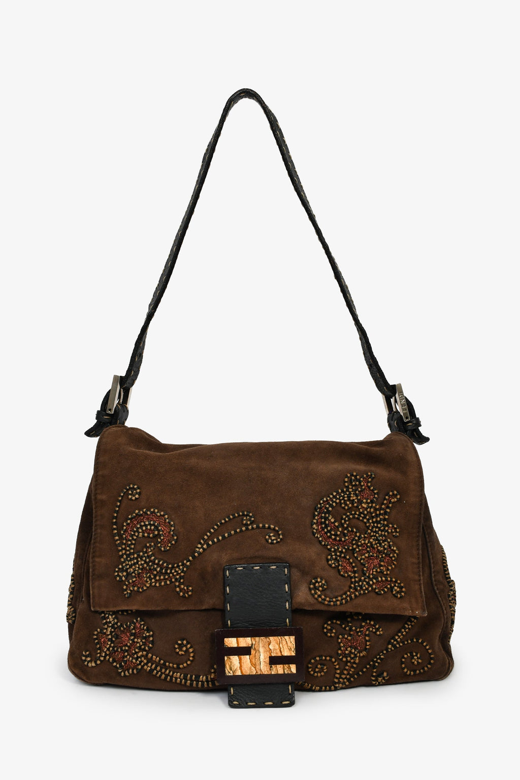 Fendi Brown Suede Selleria Mama Baguette Shoulder Bag