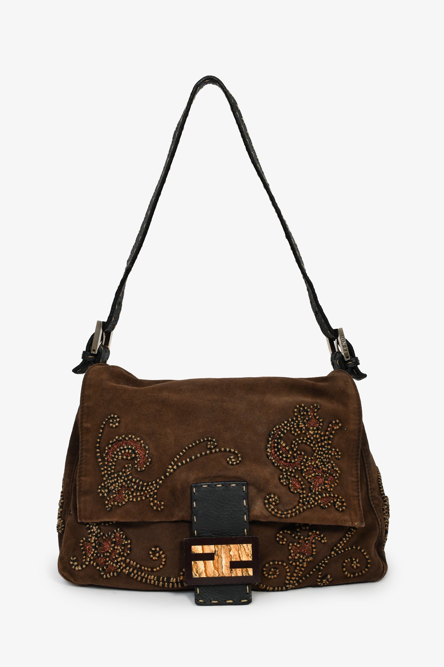Fendi Brown Suede Selleria Mama Baguette Shoulder Bag