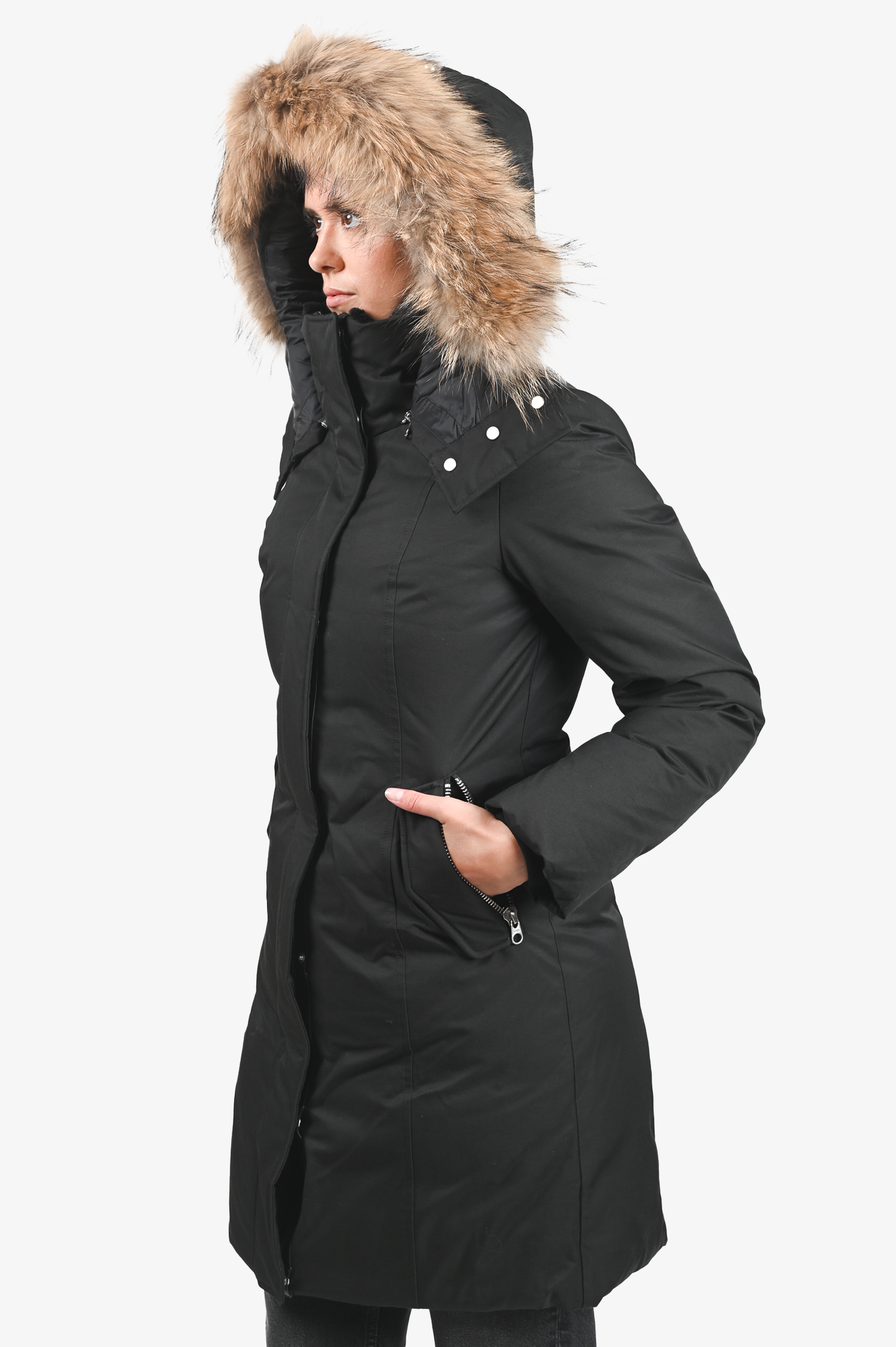 Mackage Black Leather Trim Down Parka with Tan Fur Hood Size S