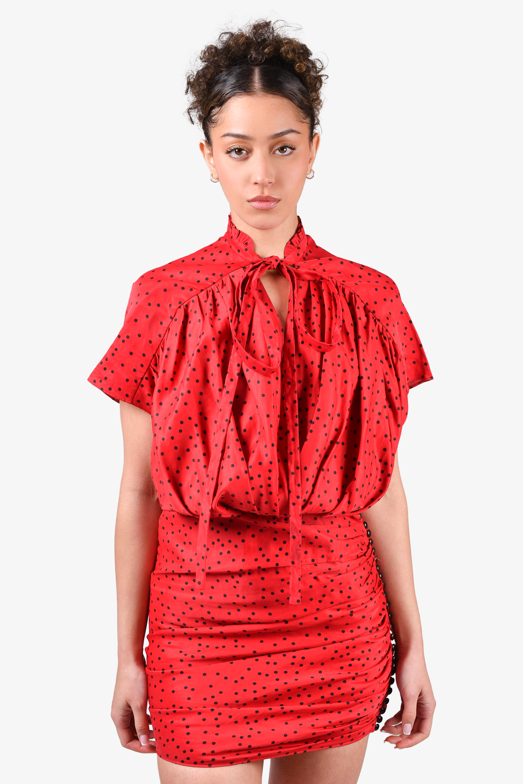 Magda Butrym Red/Black Polka Dot V-Neck Ruched Mini Dress Size 36
