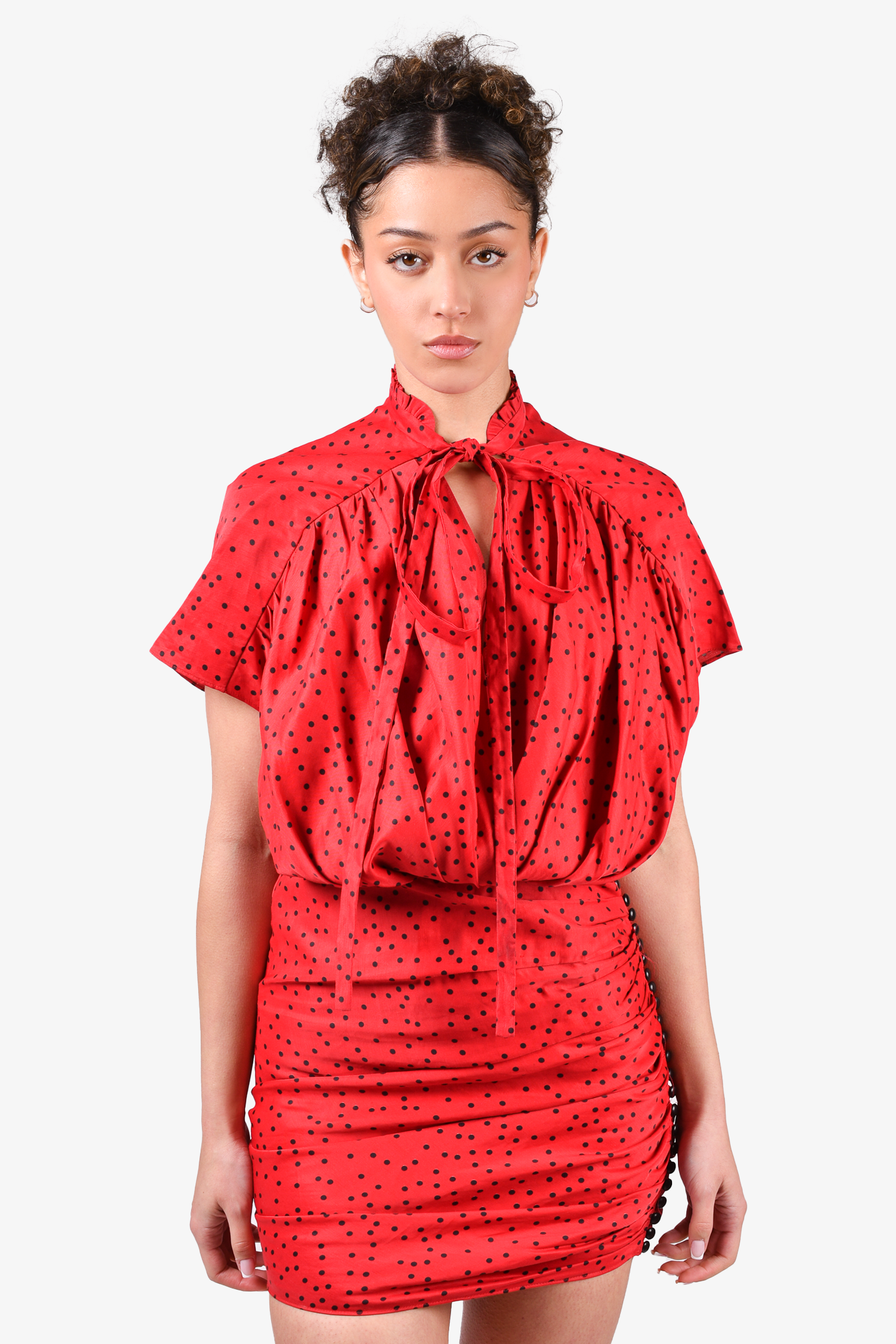 Magda Butrym Red/Black Polka Dot V-Neck Ruched Mini Dress Size 36