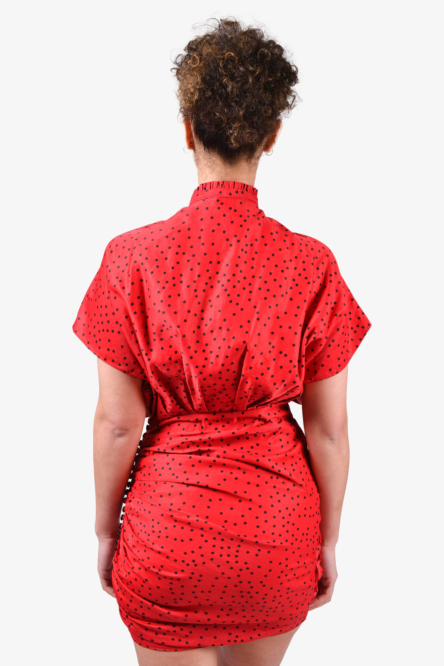 Magda Butrym Red/Black Polka Dot V-Neck Ruched Mini Dress Size 36