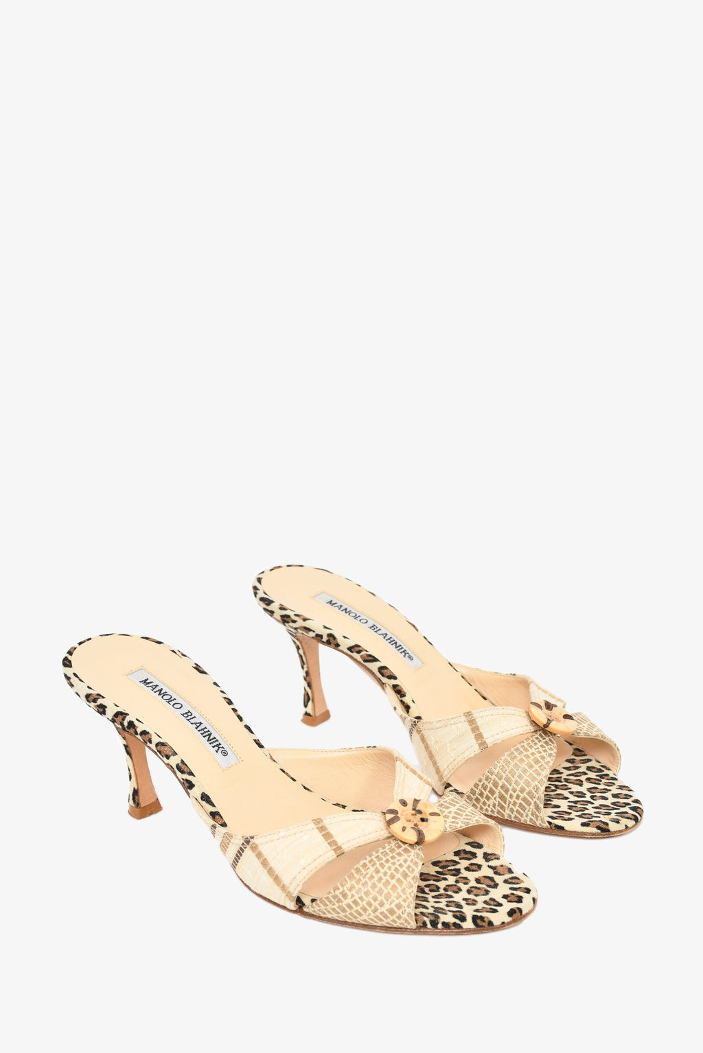 Manolo Blahnik Leopard/Plaid Button Heeled Sandals Size 36