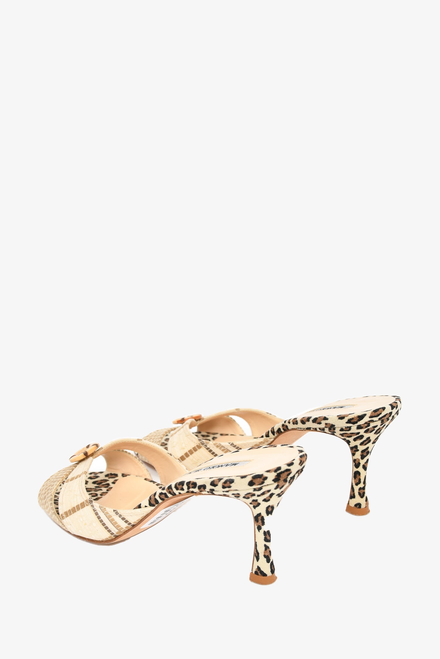 Manolo Blahnik Leopard/Plaid Button Heeled Sandals Size 36
