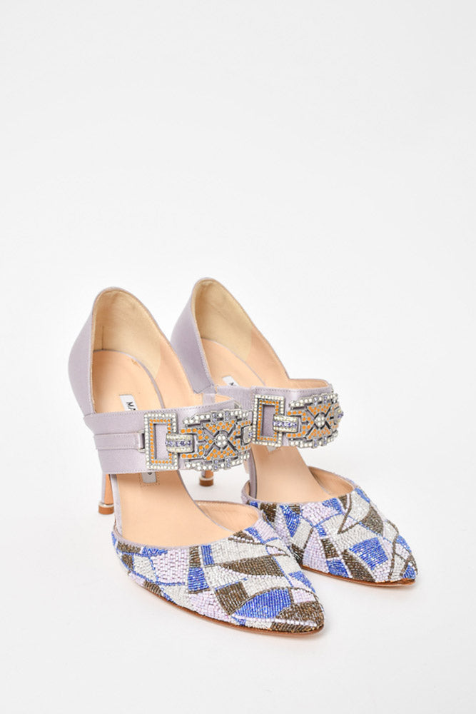 Manolo Blahnik Purple Silk Beading High Heel Sandals Size 36.5