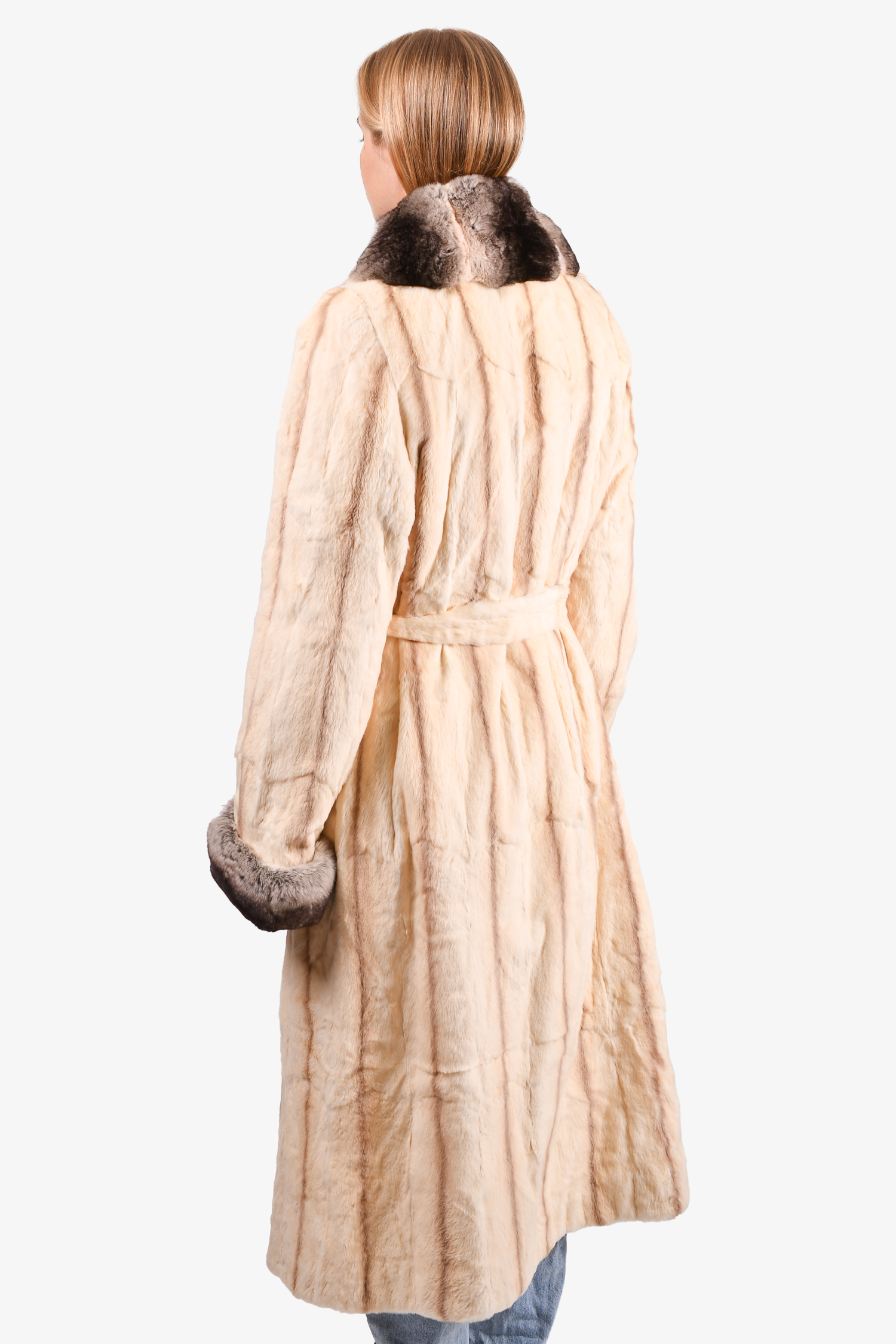 Massini Brown/Beige Chinchilla Fur Belted Coat