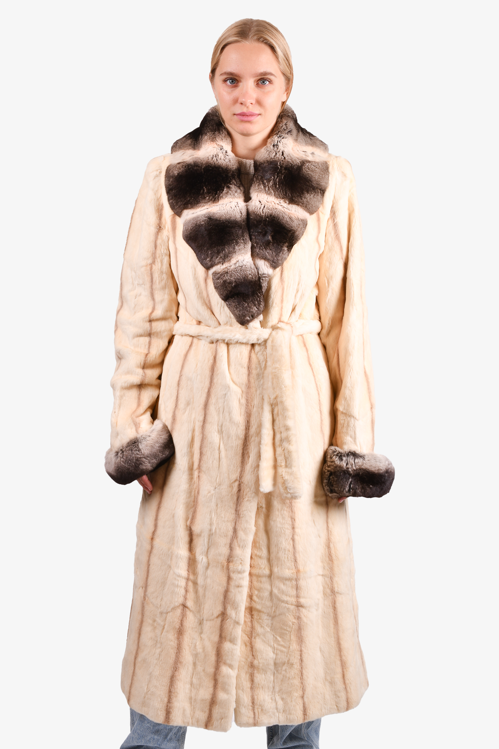 Massini Brown/Beige Chinchilla Fur Belted Coat