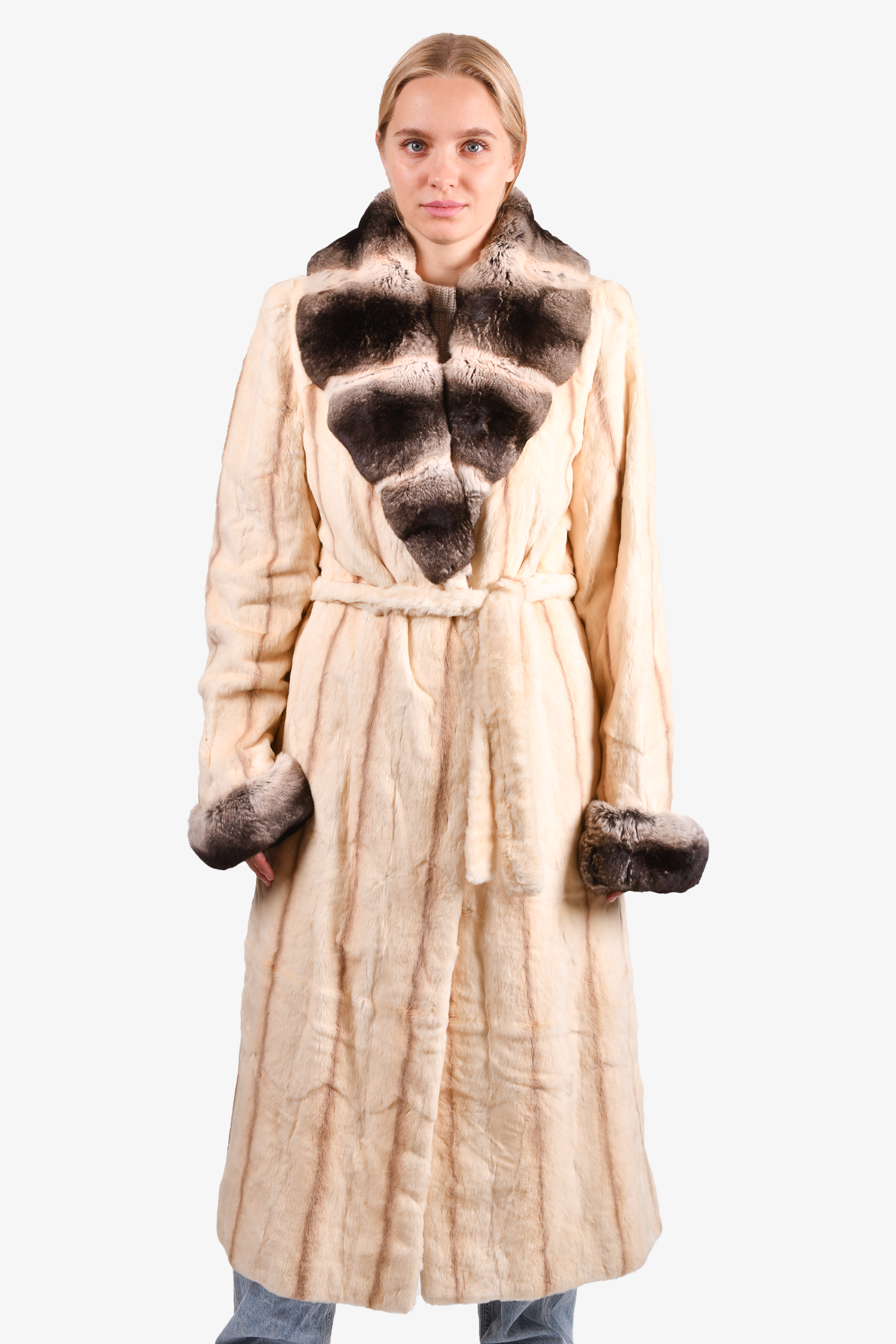 Massini Brown/Beige Chinchilla Fur Belted Coat