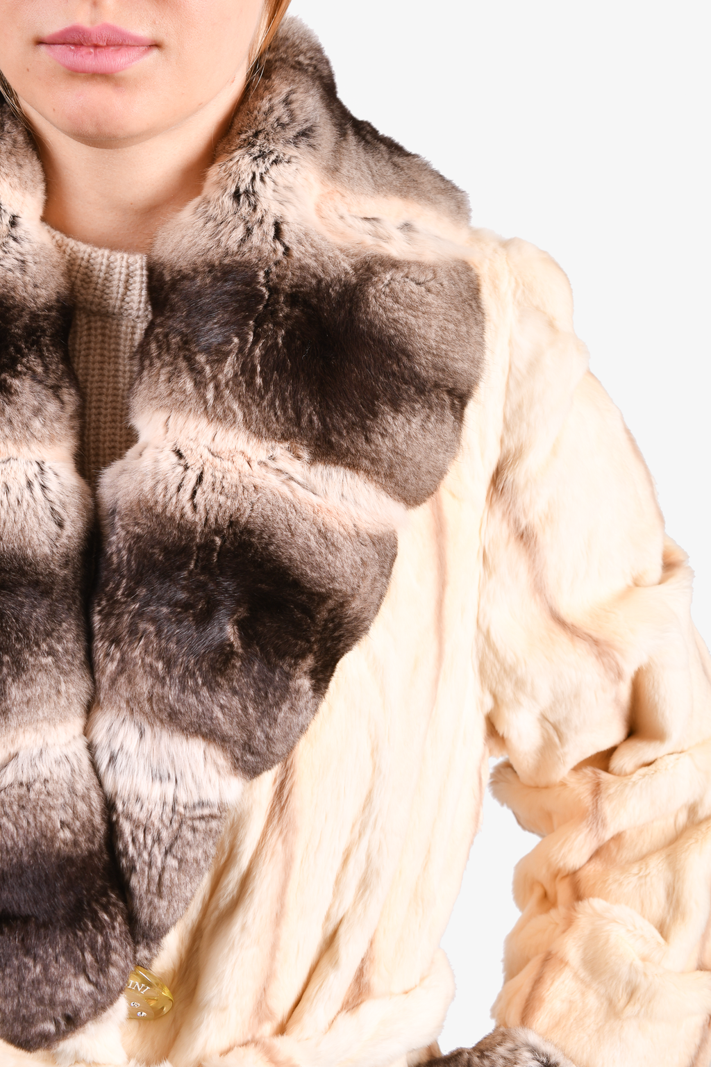Massini Brown/Beige Chinchilla Fur Belted Coat