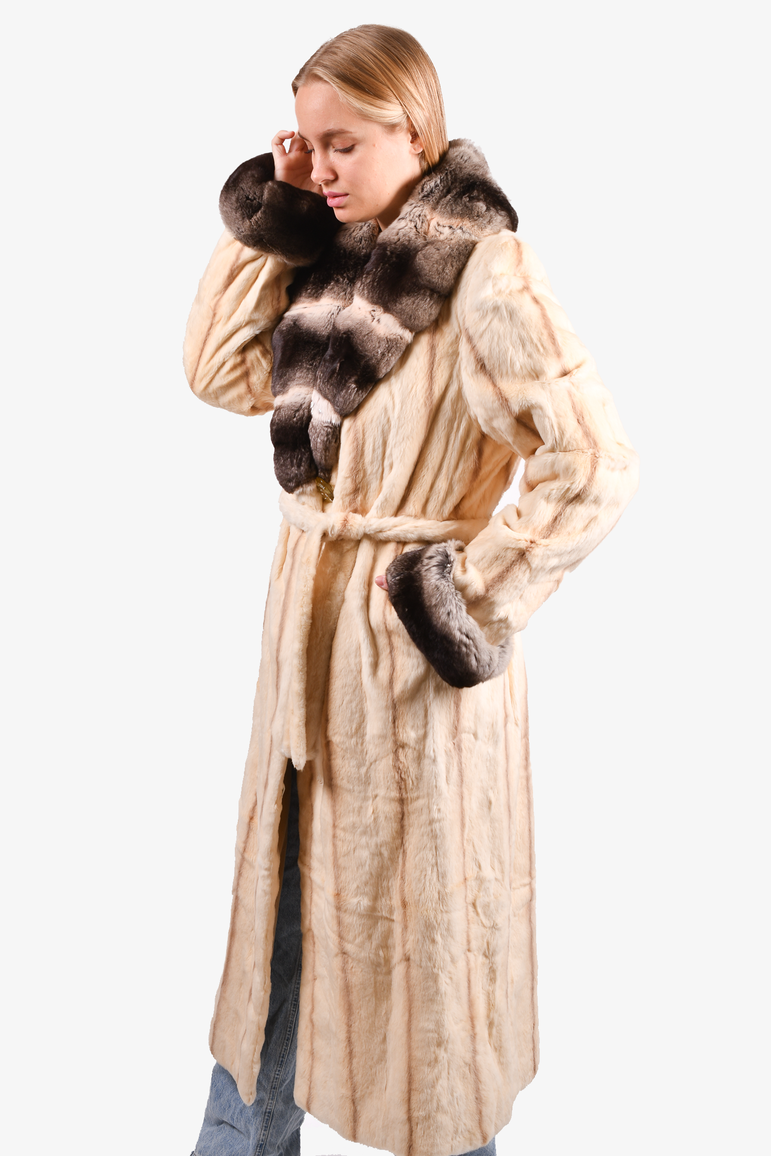 Massini Brown/Beige Chinchilla Fur Belted Coat