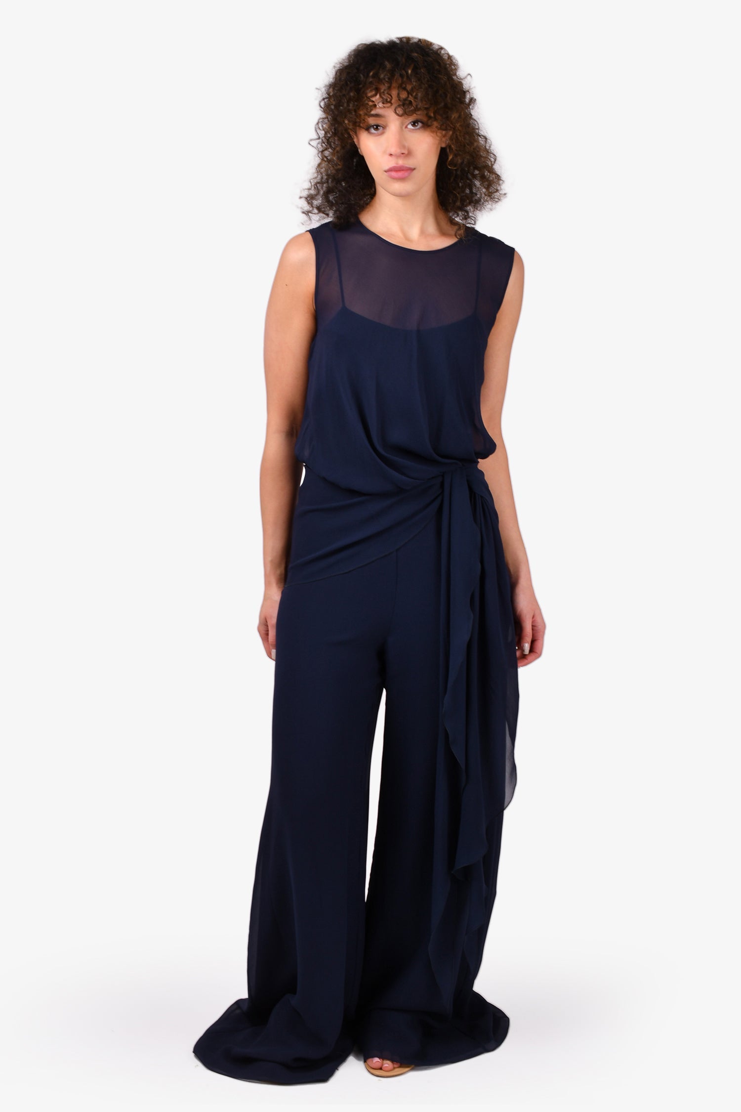 Max Mara Navy Blue Silk Ruffle Jumpsuit Size 42